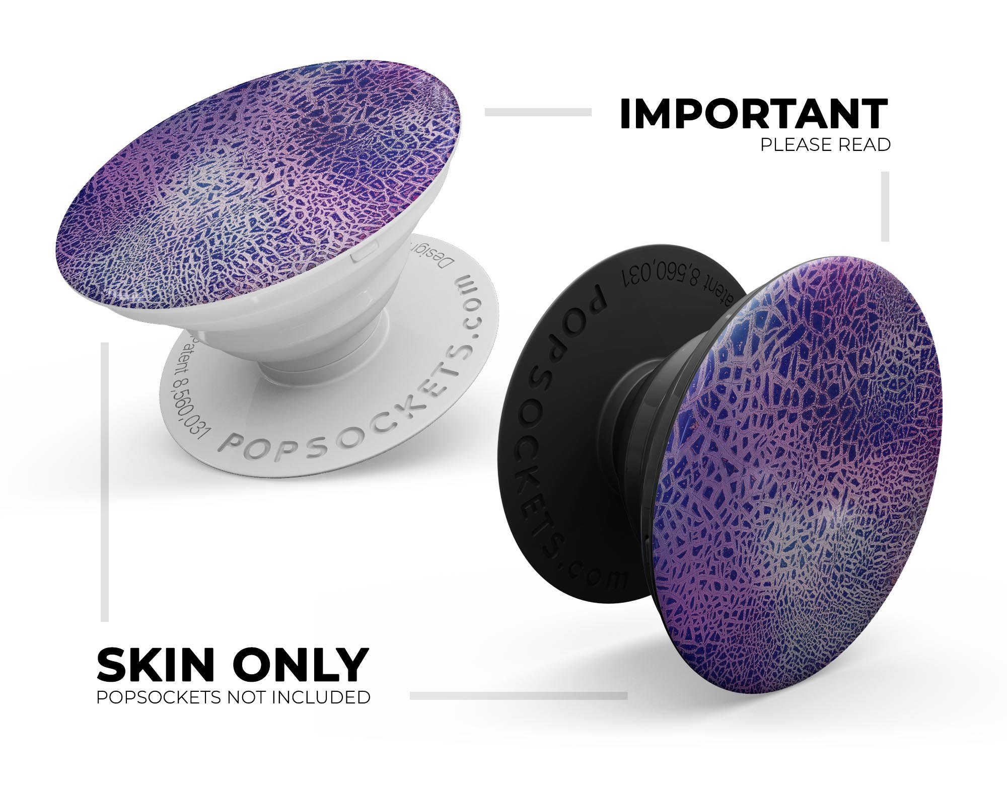 Cracked Purple Texture Skin Kit for PopSockets, showcasing vibrant purple design on a smartphone grip.