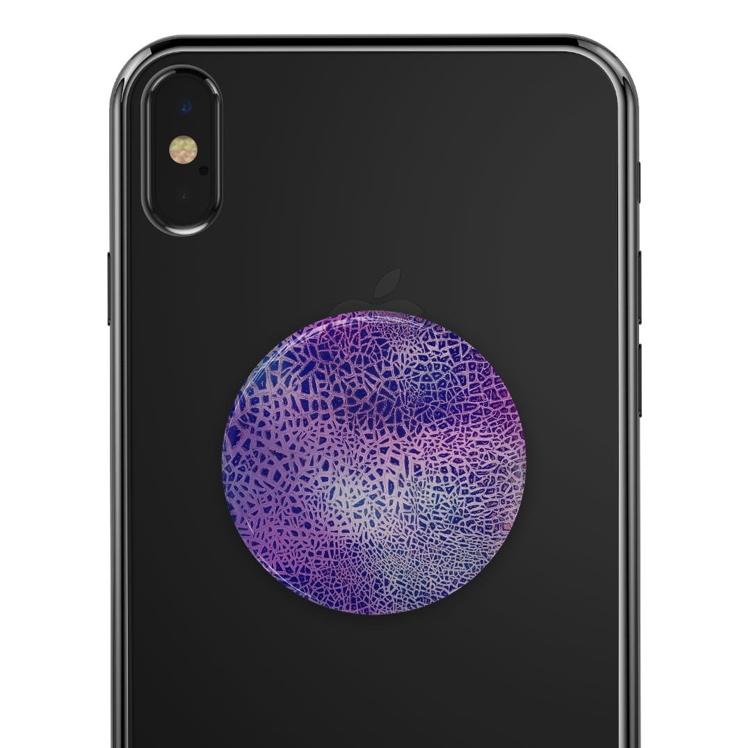 Cracked Purple Texture Skin Kit for PopSockets, showcasing vibrant purple design on a smartphone grip.