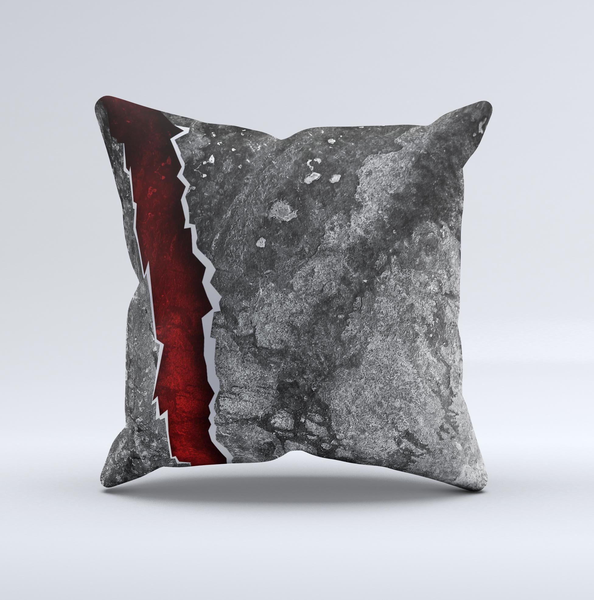 Cracked Red Core Ink-Fuzed Decorative Throw Pillow showcasing a vibrant red design with unique hand-printed graphics, perfect for home decor.