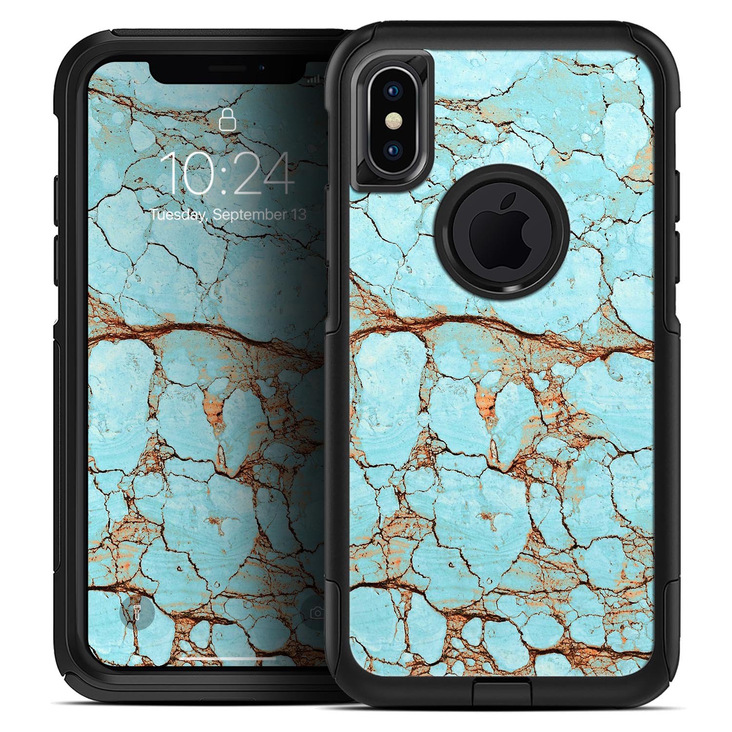 Cracked Teal Stone Skin Kit for iPhone OtterBox Cases, showcasing a stylish design with dual-layer protection.