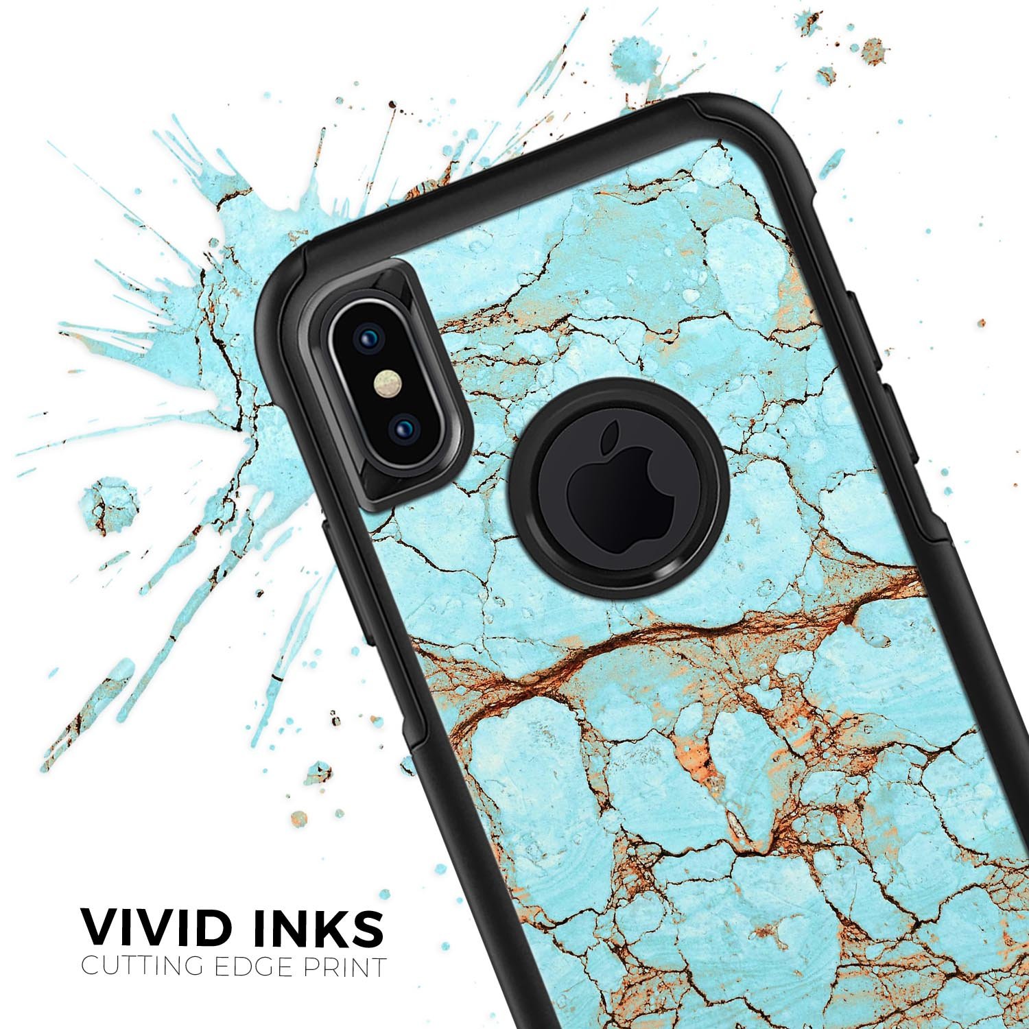 Cracked Teal Stone Skin Kit for iPhone OtterBox Cases, showcasing a stylish design with dual-layer protection.