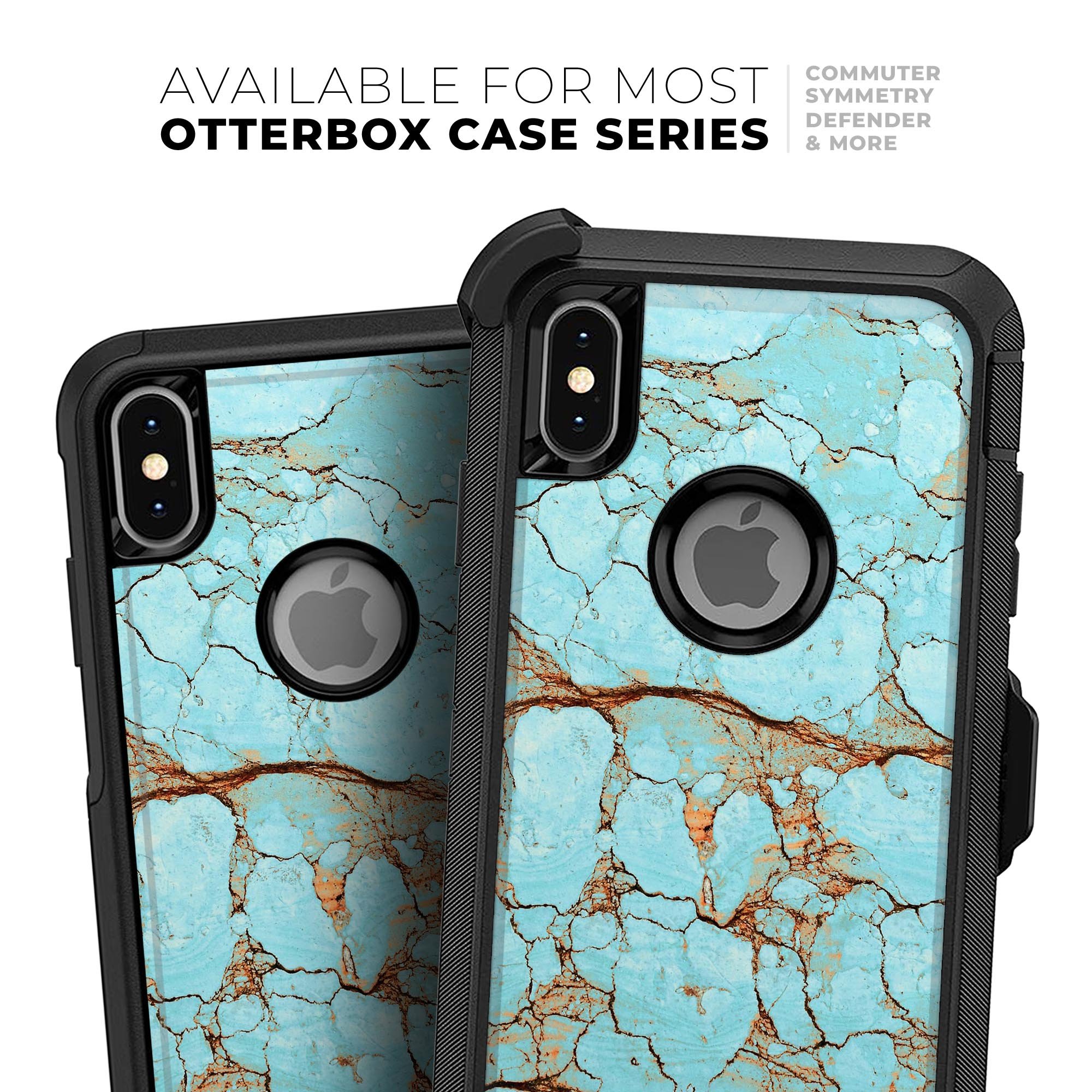 Cracked Teal Stone Skin Kit for iPhone OtterBox Cases, showcasing a stylish design with dual-layer protection.