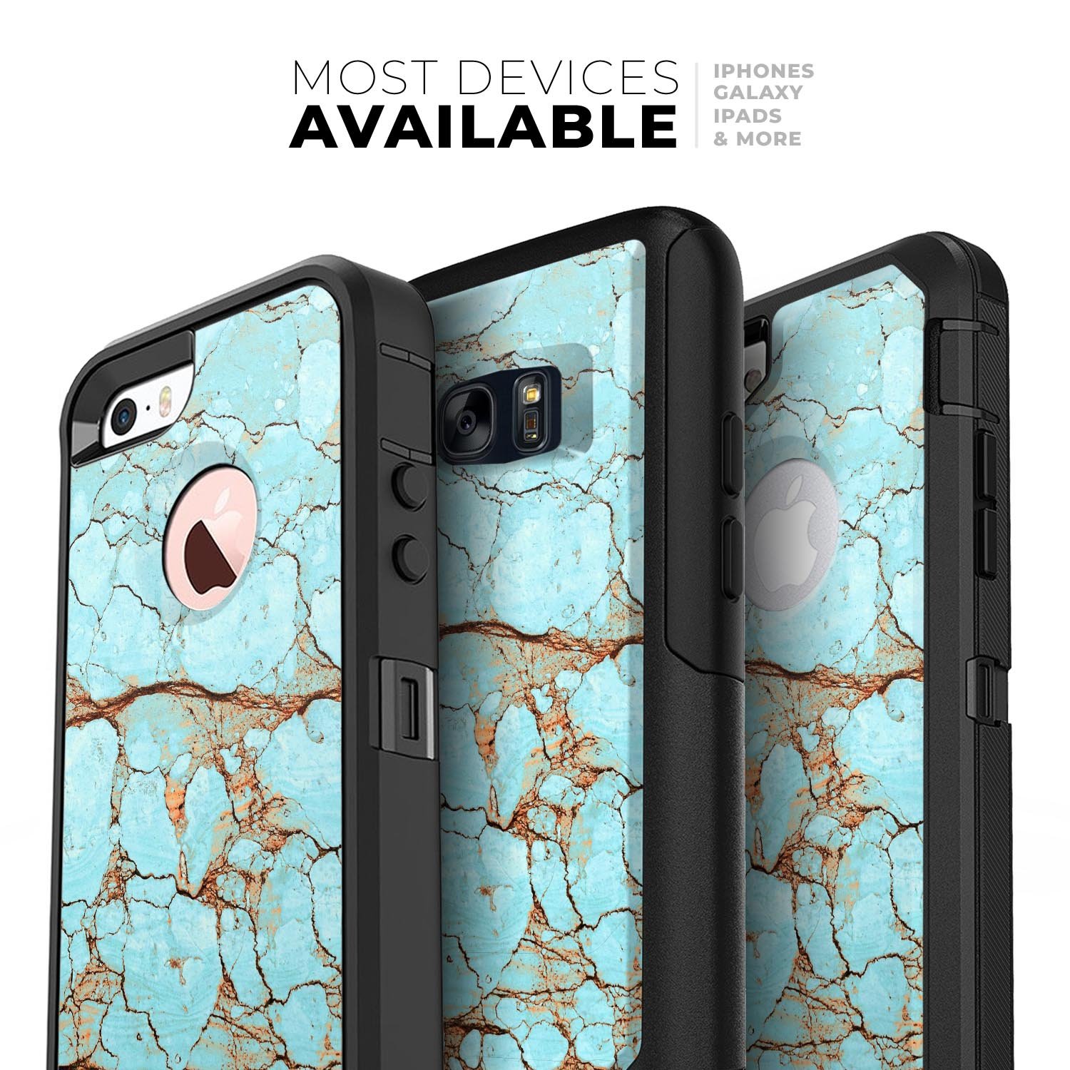 Cracked Teal Stone Skin Kit for iPhone OtterBox Cases, showcasing a stylish design with dual-layer protection.