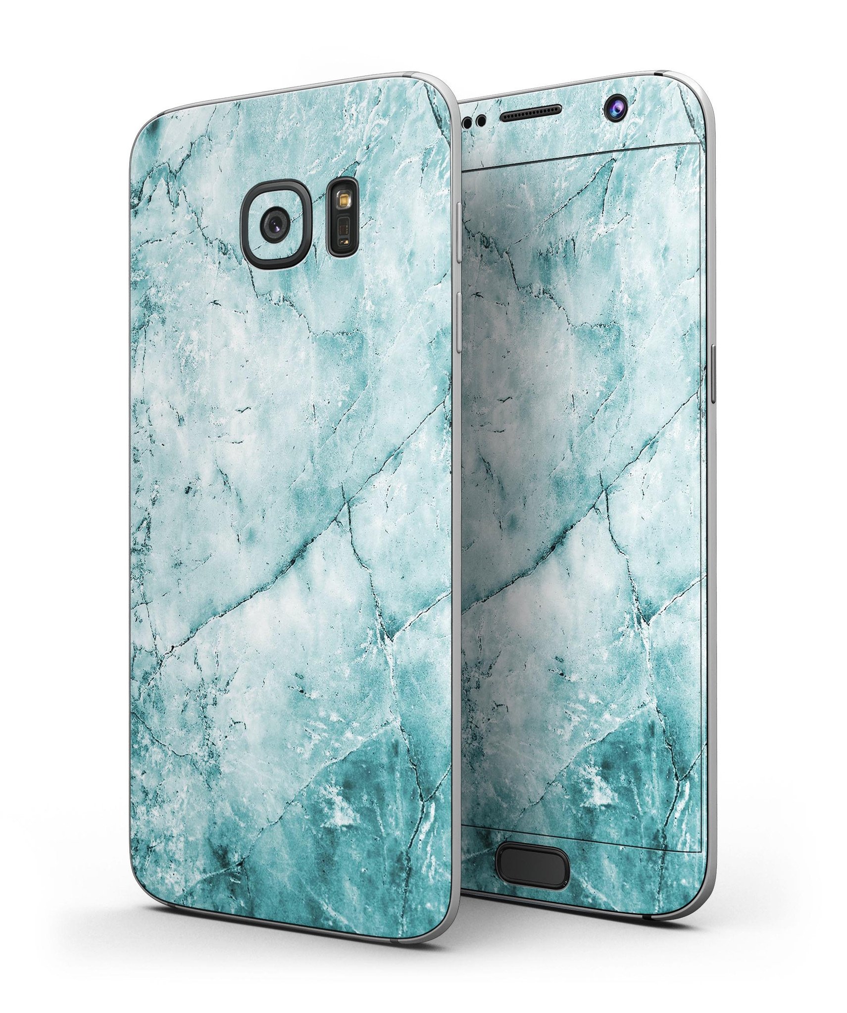 Cracked turquoise marble skin kit for Samsung Galaxy S7 and S7 Edge, showcasing vibrant colors and premium vinyl material.