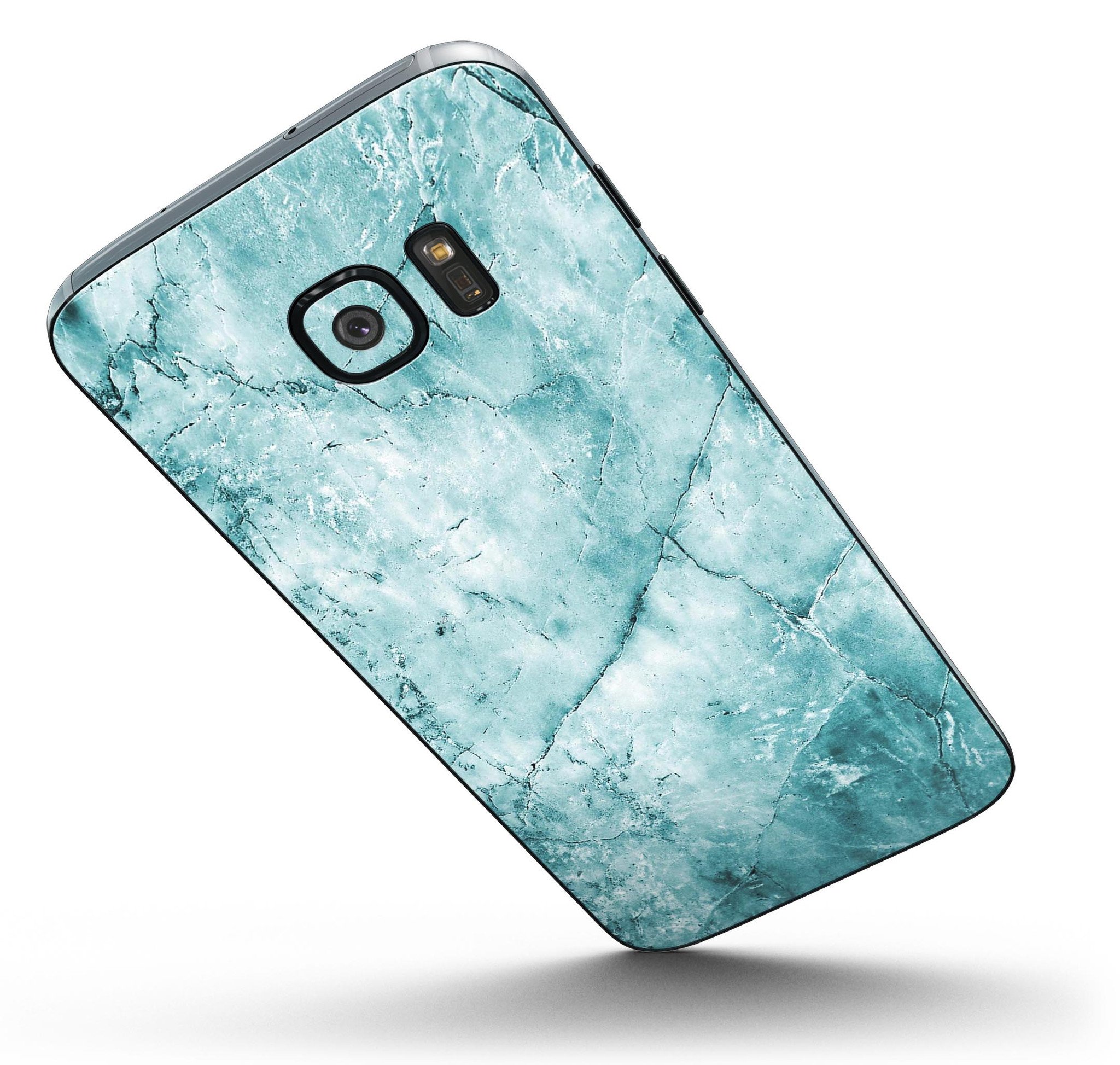 Cracked turquoise marble skin kit for Samsung Galaxy S7 and S7 Edge, showcasing vibrant colors and premium vinyl material.