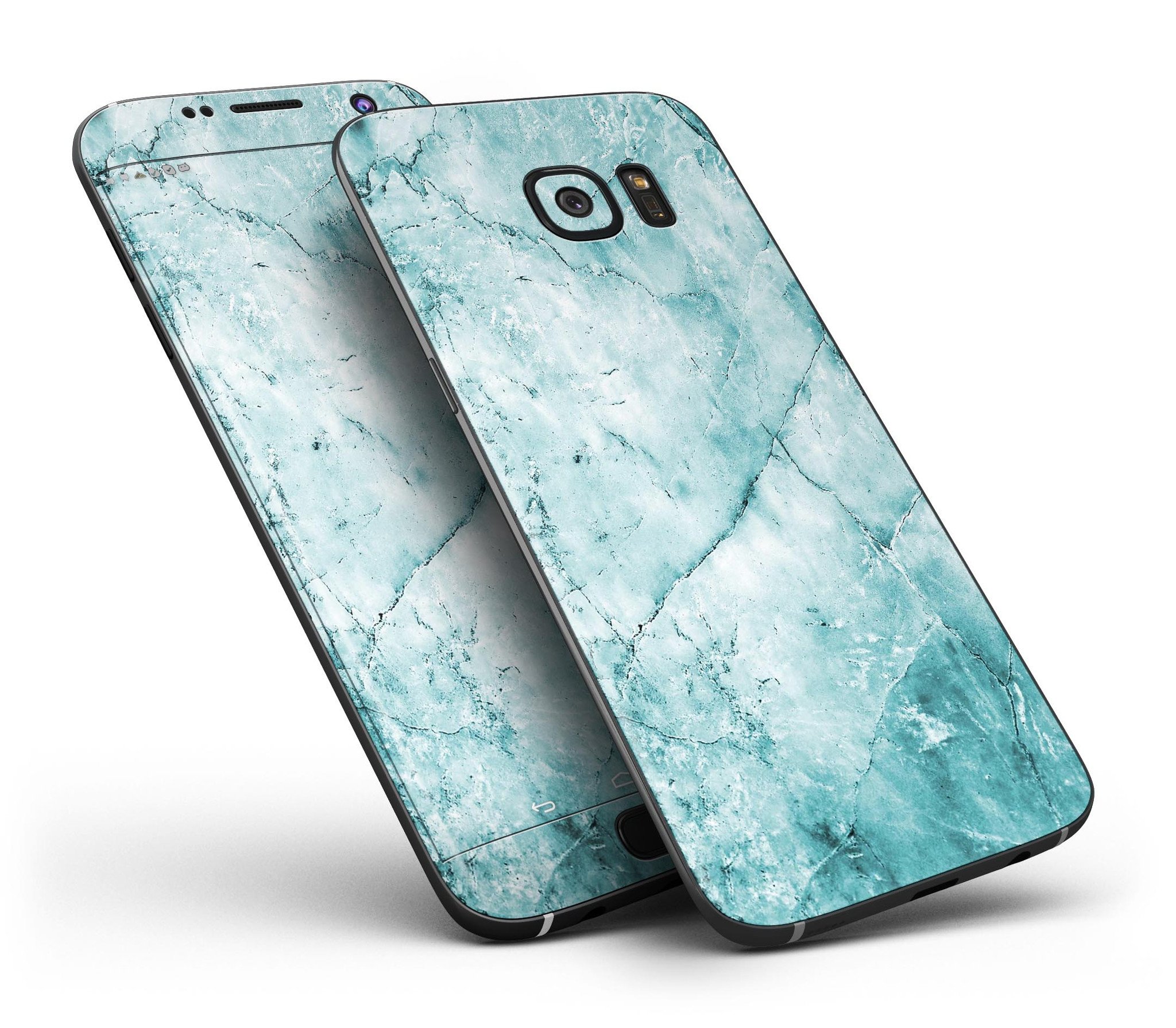 Cracked turquoise marble skin kit for Samsung Galaxy S7 and S7 Edge, showcasing vibrant colors and premium vinyl material.