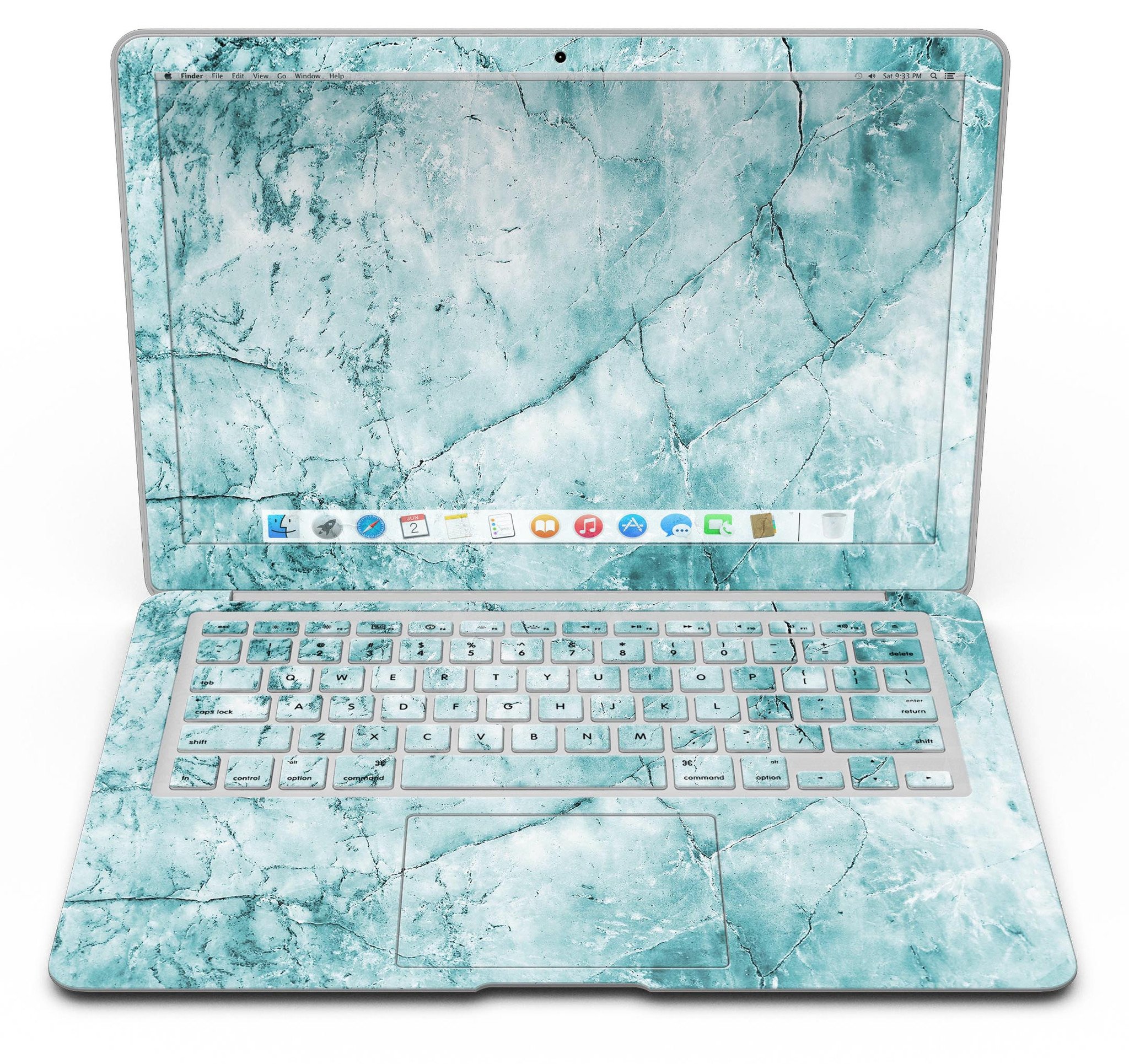 Cracked turquoise marble skin applied on a MacBook Air, showcasing its stylish design and sleek finish.