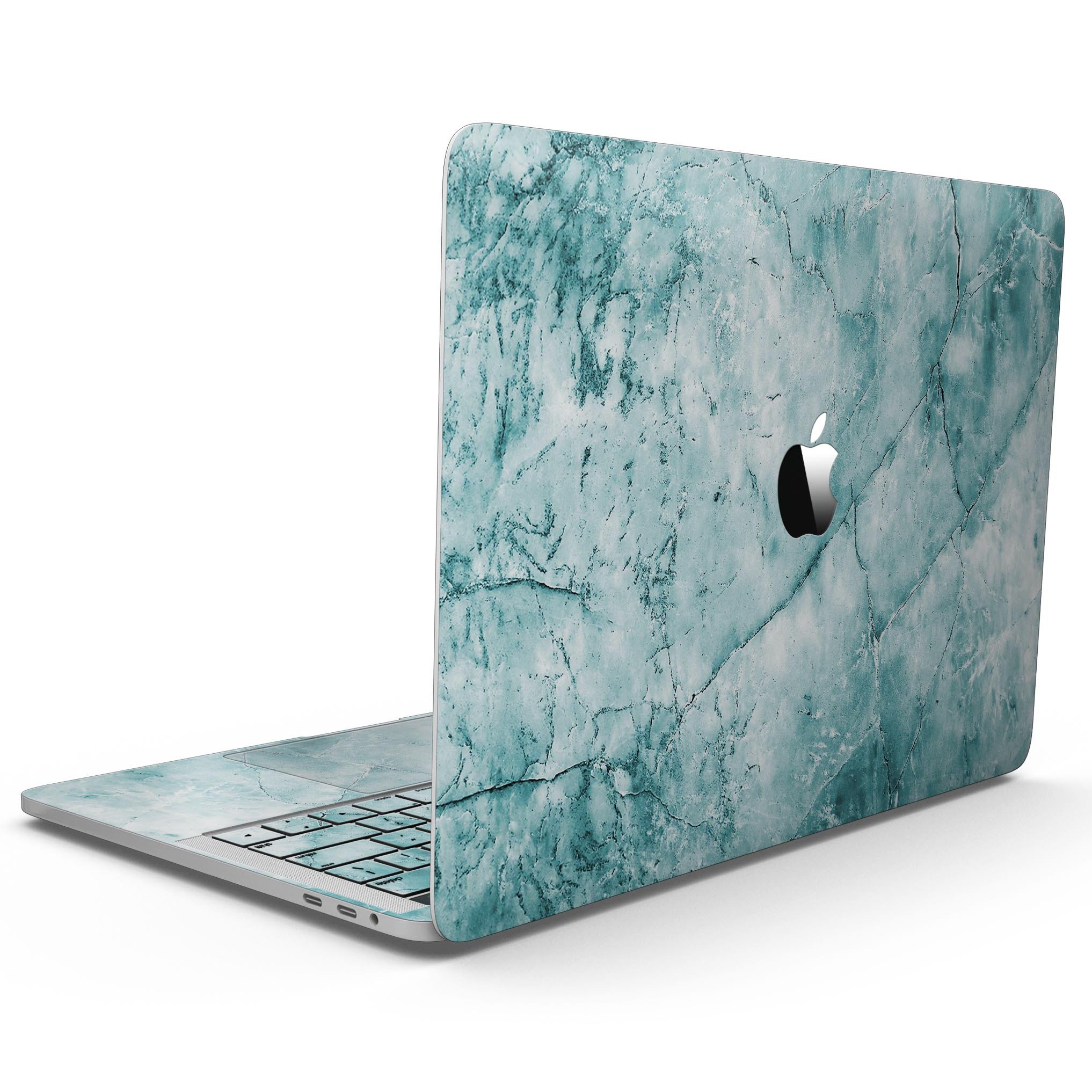 Cracked turquoise marble skin applied to a MacBook Pro with Touch Bar, showcasing its vibrant design and sleek finish.