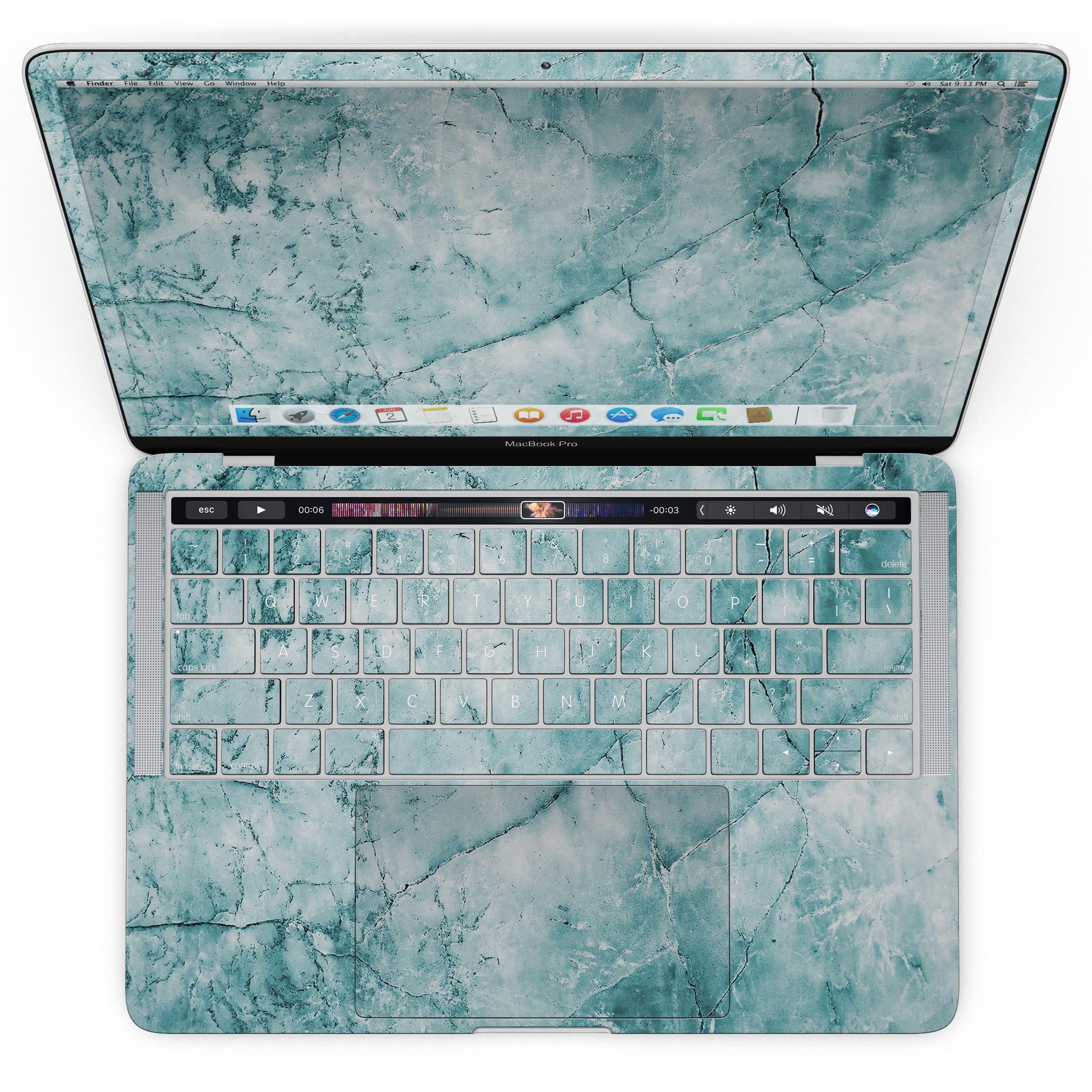 Cracked turquoise marble skin applied to a MacBook Pro with Touch Bar, showcasing its vibrant design and sleek finish.