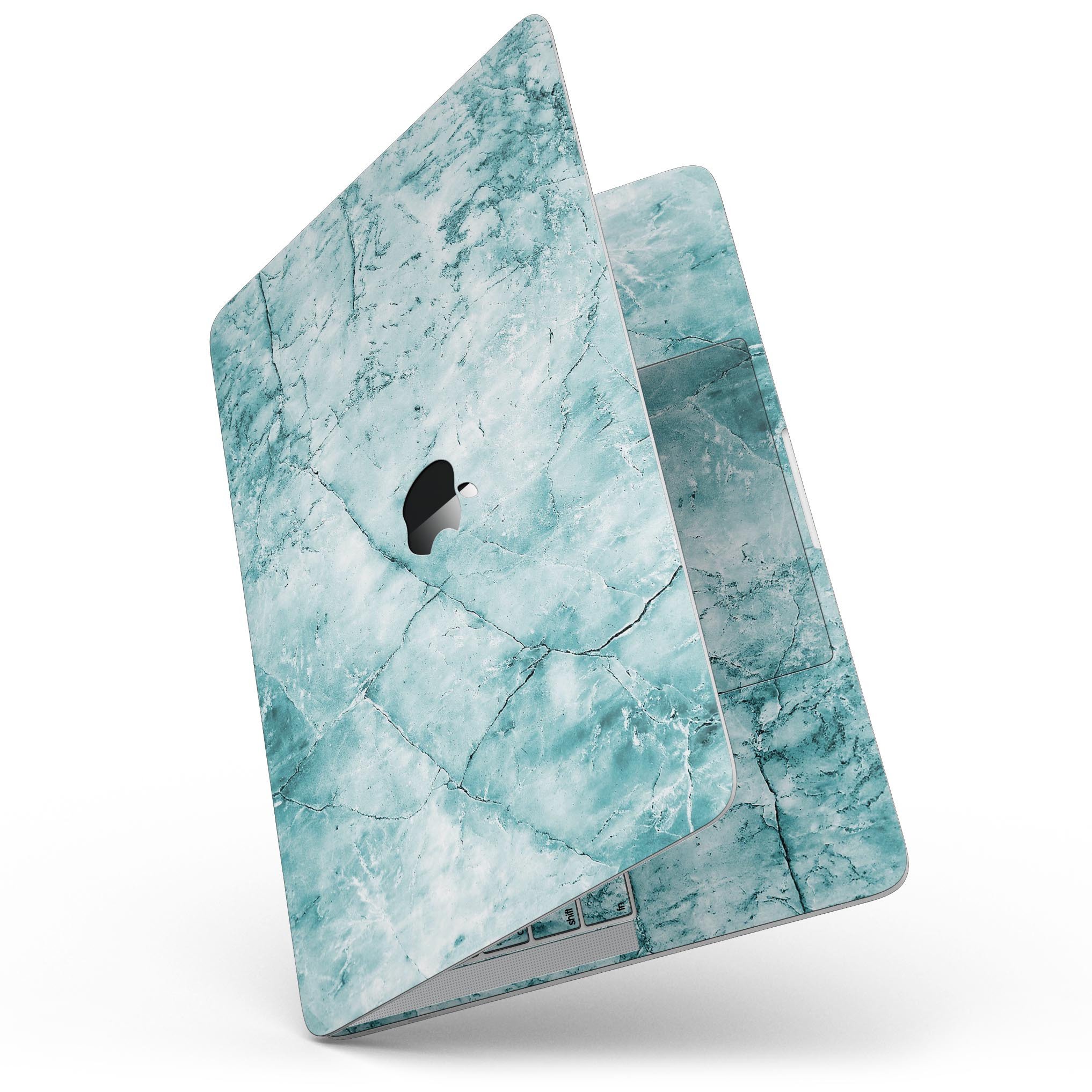 Cracked turquoise marble skin applied to a MacBook Pro with Touch Bar, showcasing its vibrant design and sleek finish.