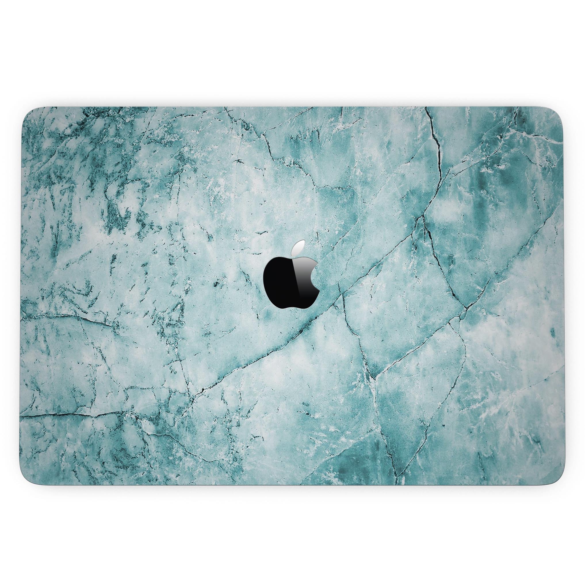 Cracked turquoise marble skin applied to a MacBook Pro with Touch Bar, showcasing its vibrant design and sleek finish.