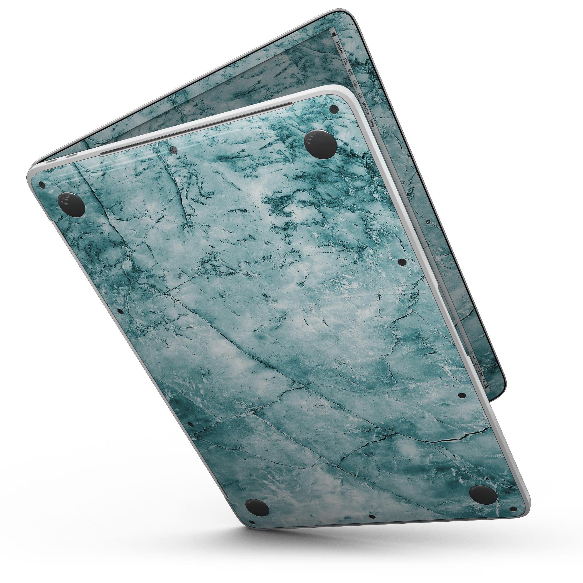 Cracked turquoise marble skin applied to a MacBook Pro with Touch Bar, showcasing its vibrant design and sleek finish.