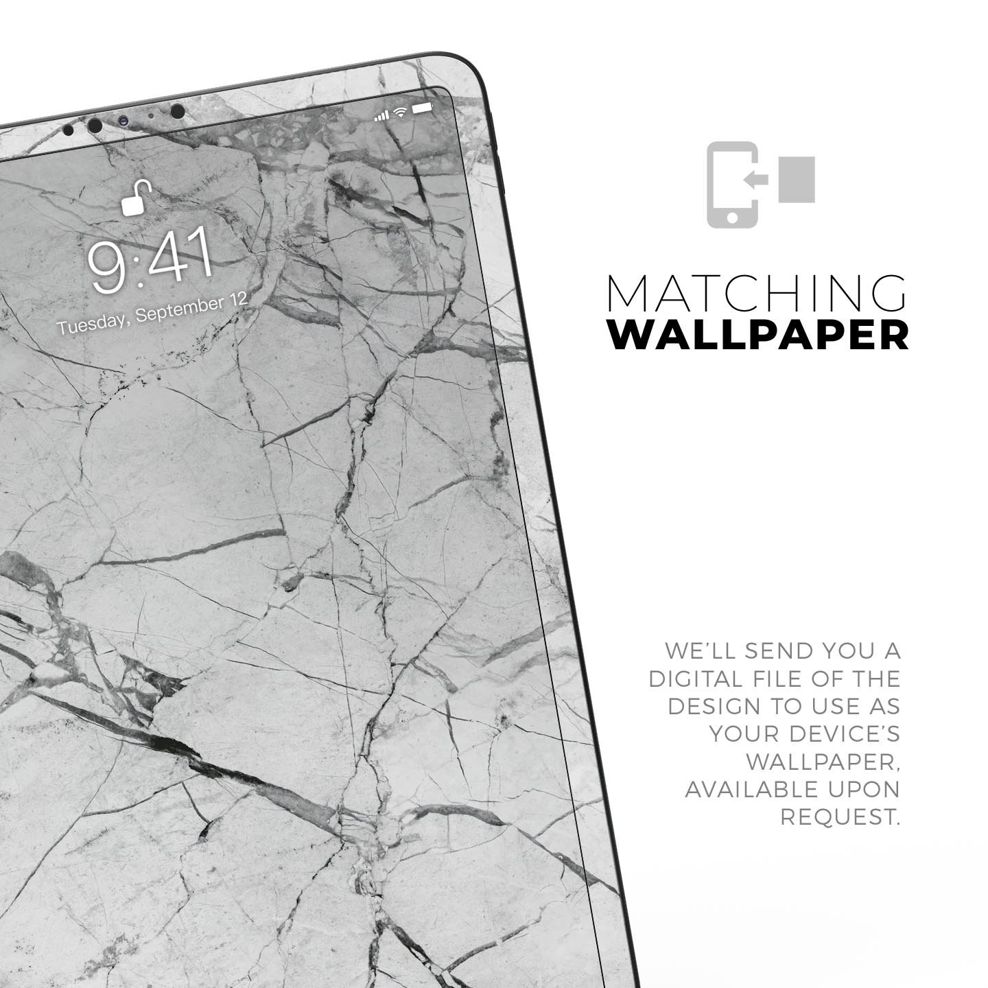 Cracked White Marble Slate skin decal for Apple iPad, showcasing a stylish marble design with a smooth finish.