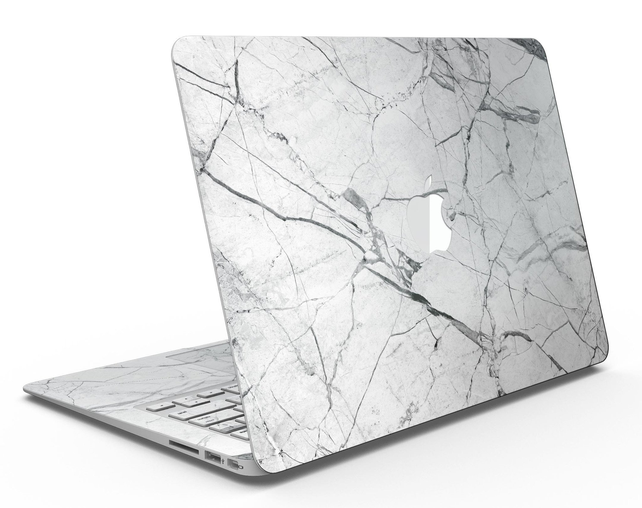 Cracked White Marble Slate Skin Kit for MacBook Air, showcasing a stylish design with a premium vinyl finish.