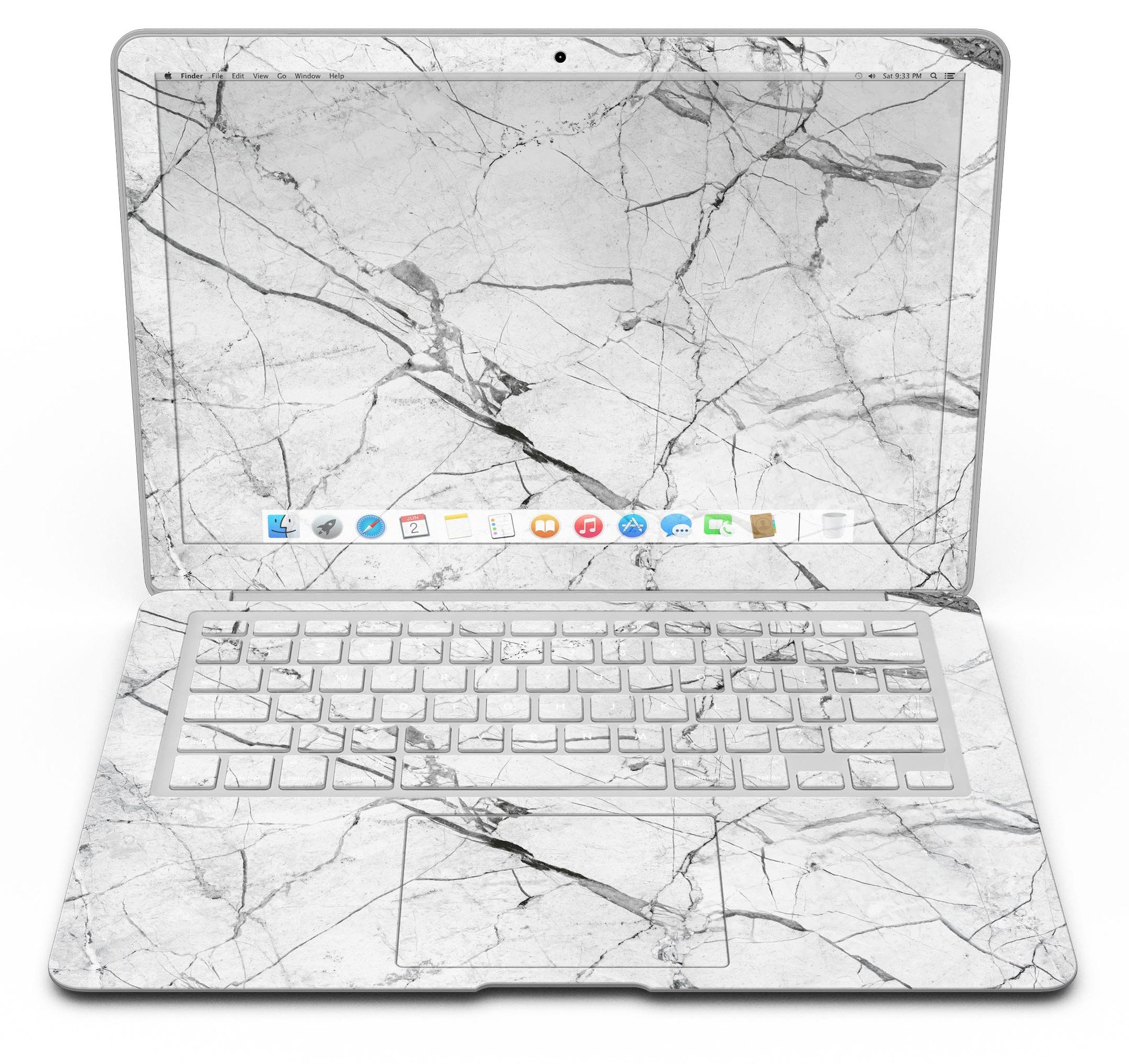 Cracked White Marble Slate Skin Kit for MacBook Air, showcasing a stylish design with a premium vinyl finish.