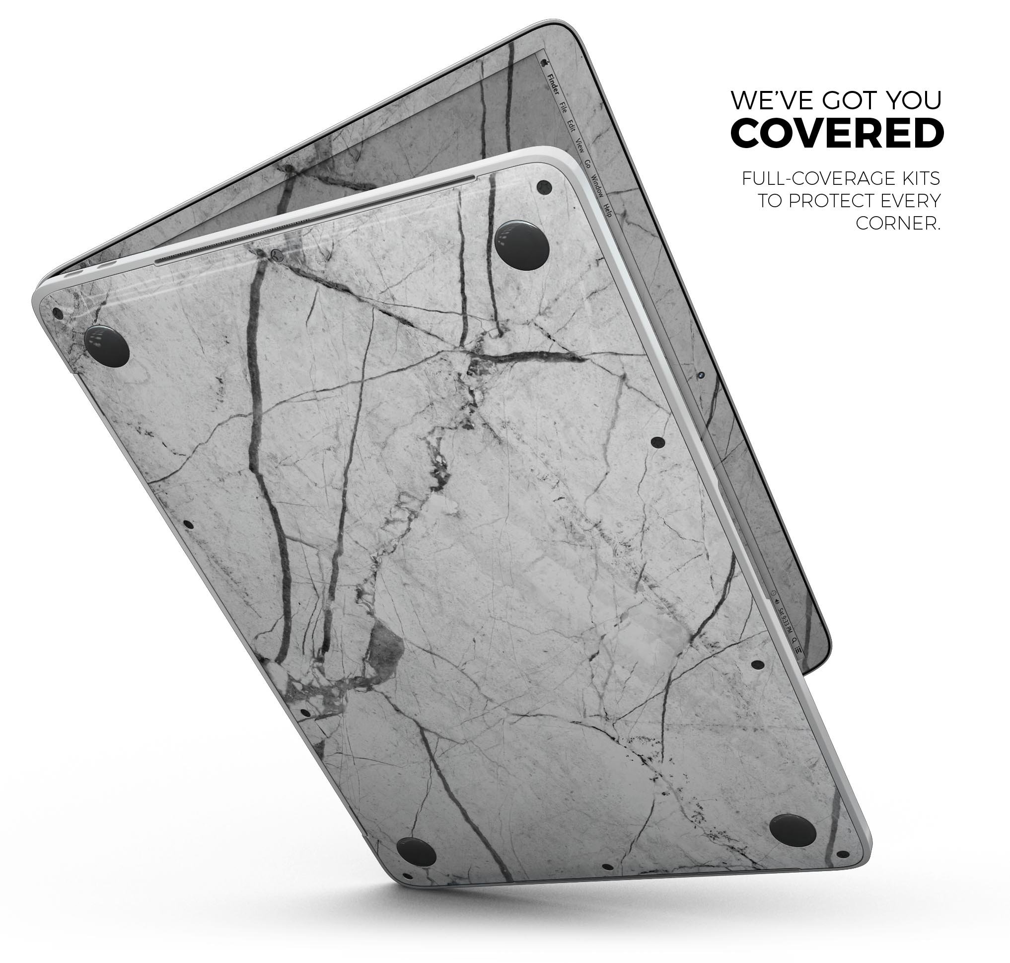 Cracked White Marble Slate skin decal wrap kit for MacBook, showcasing a stylish marble design with a smooth finish.