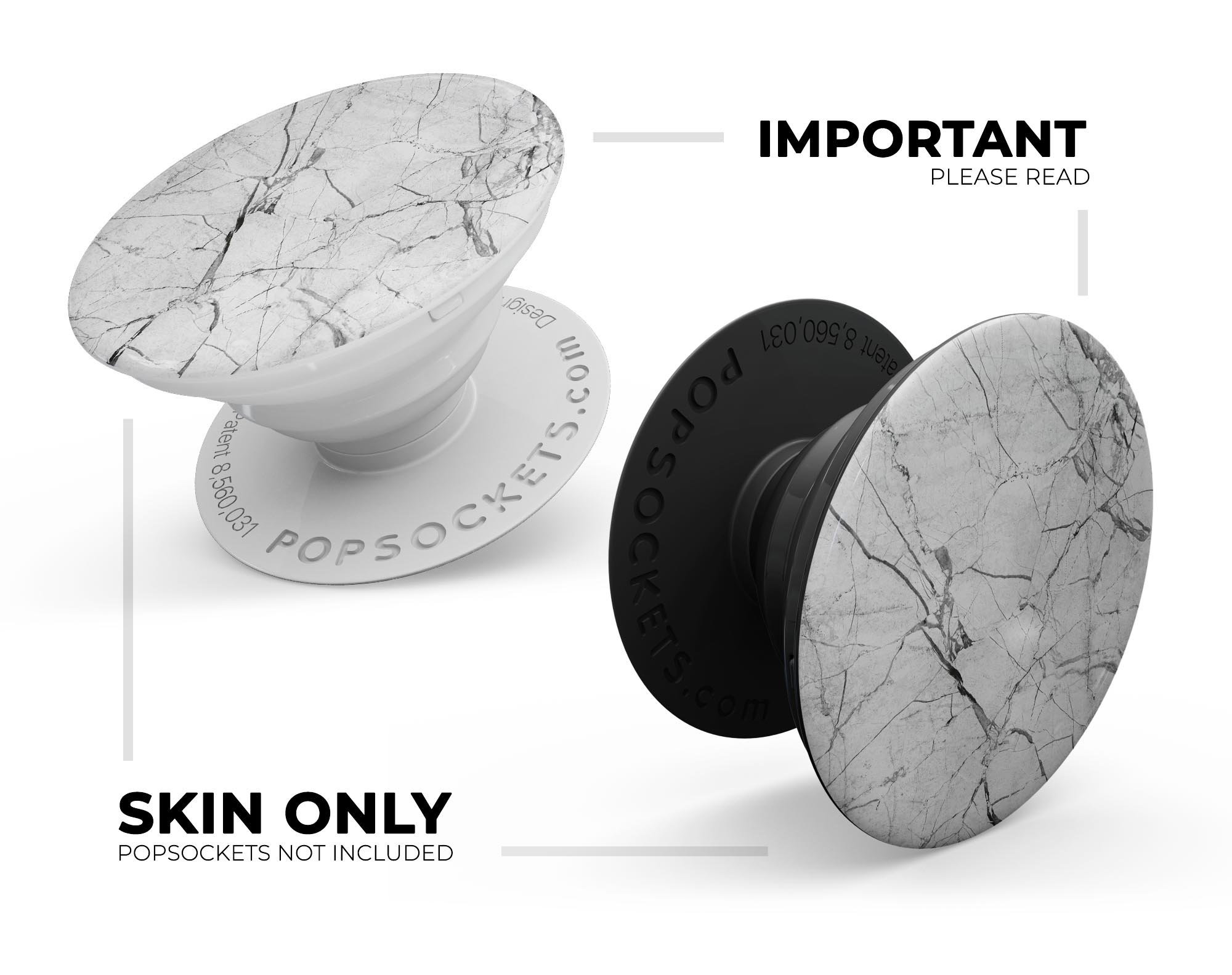 Cracked White Marble Slate Skin Kit for PopSockets, showcasing a stylish marble design on a smartphone grip.