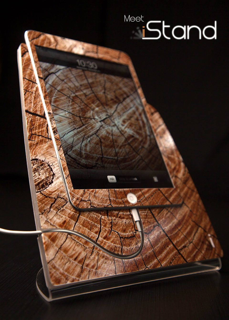 Cracked Wood iStand for iPad Mini, showcasing its clear acrylic design and stylish wood texture.