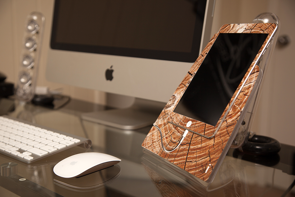 Cracked Wood iStand for iPad Mini, showcasing its clear acrylic design and stylish wood texture.