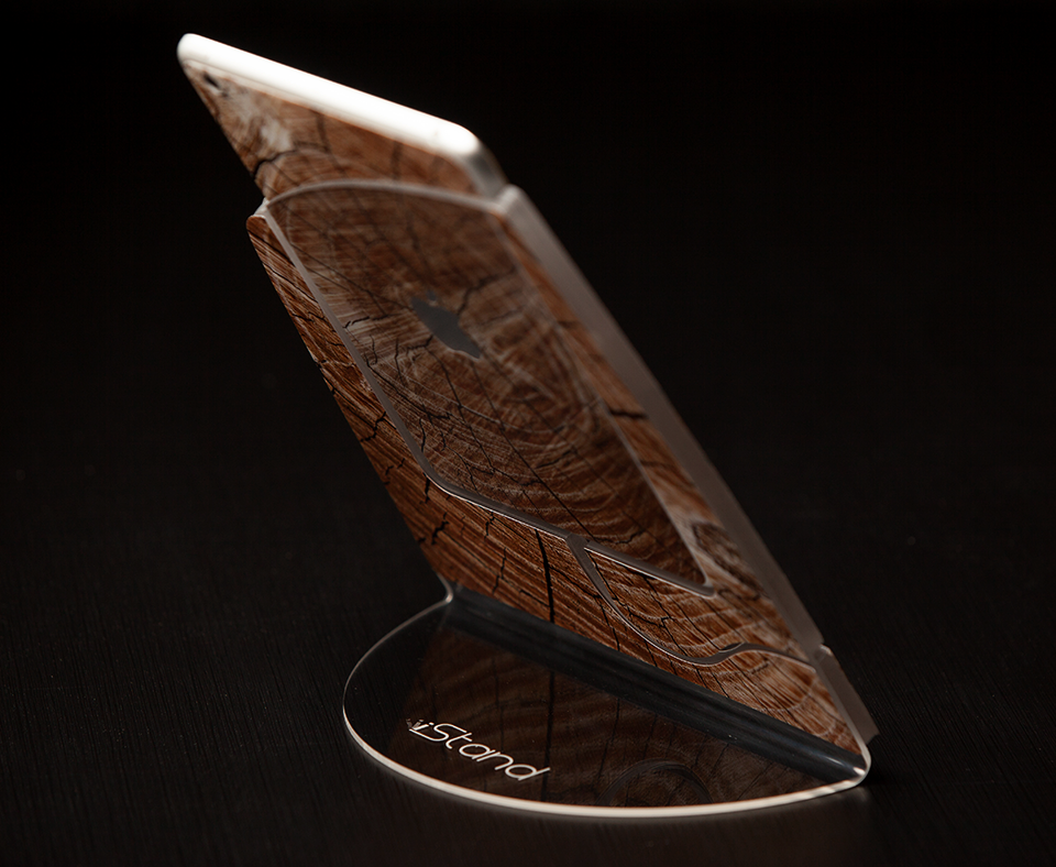 Cracked Wood iStand for iPad Mini, showcasing its clear acrylic design and stylish wood texture.