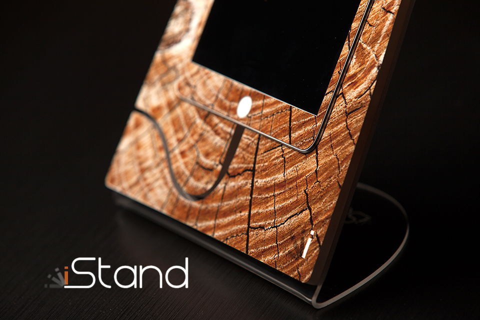 Cracked Wood iStand for iPad Mini, showcasing its clear acrylic design and stylish wood texture.