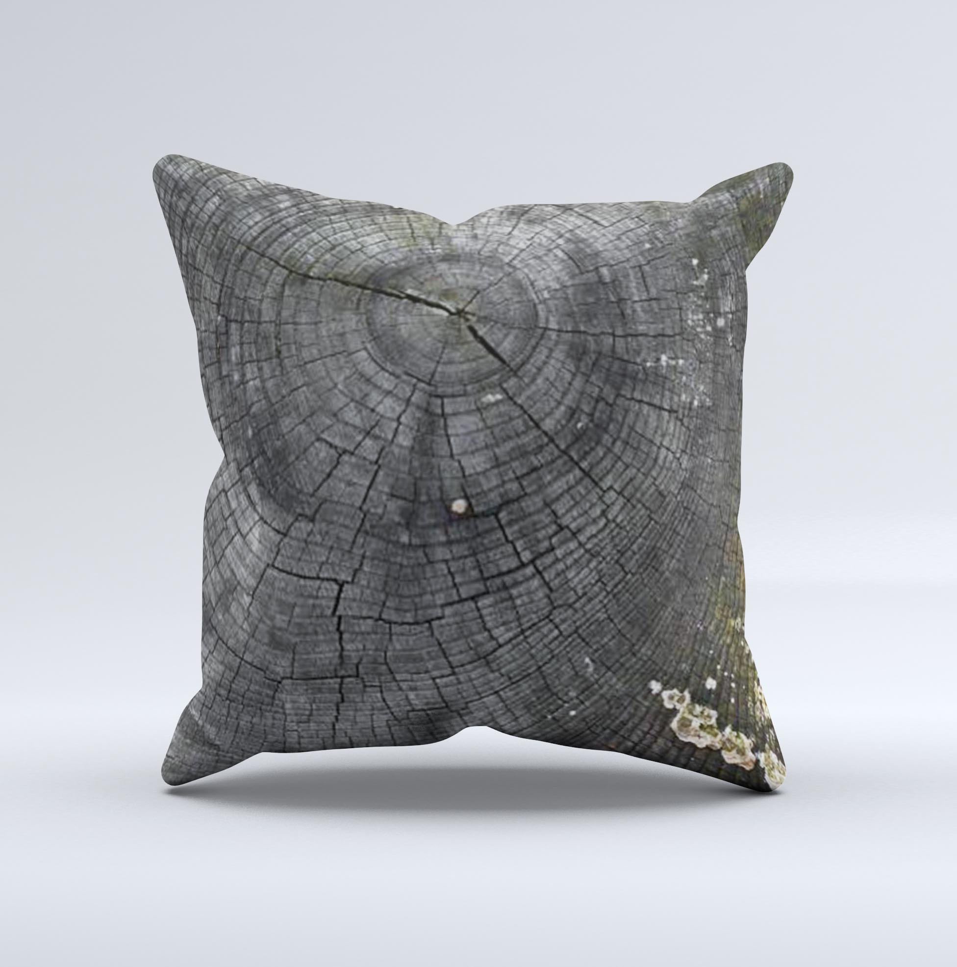 Cracked Wood Stump Ink-Fuzed Decorative Throw Pillow showcasing unique design and high-quality fabric.