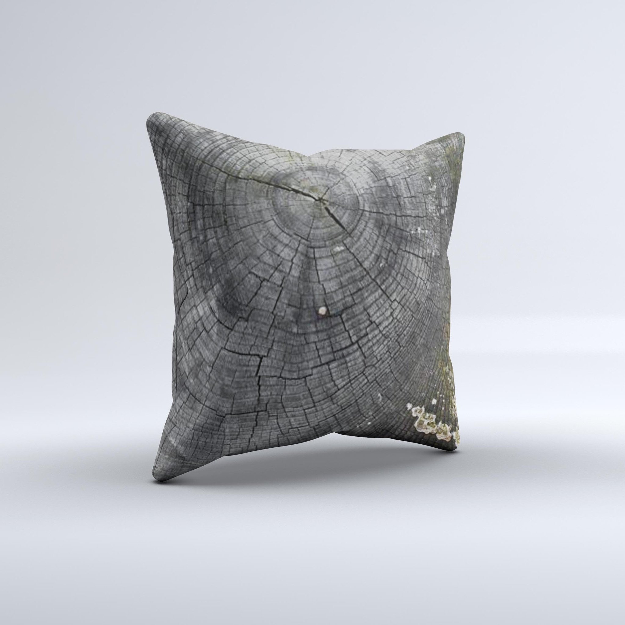 Cracked Wood Stump Ink-Fuzed Decorative Throw Pillow showcasing unique design and high-quality fabric.