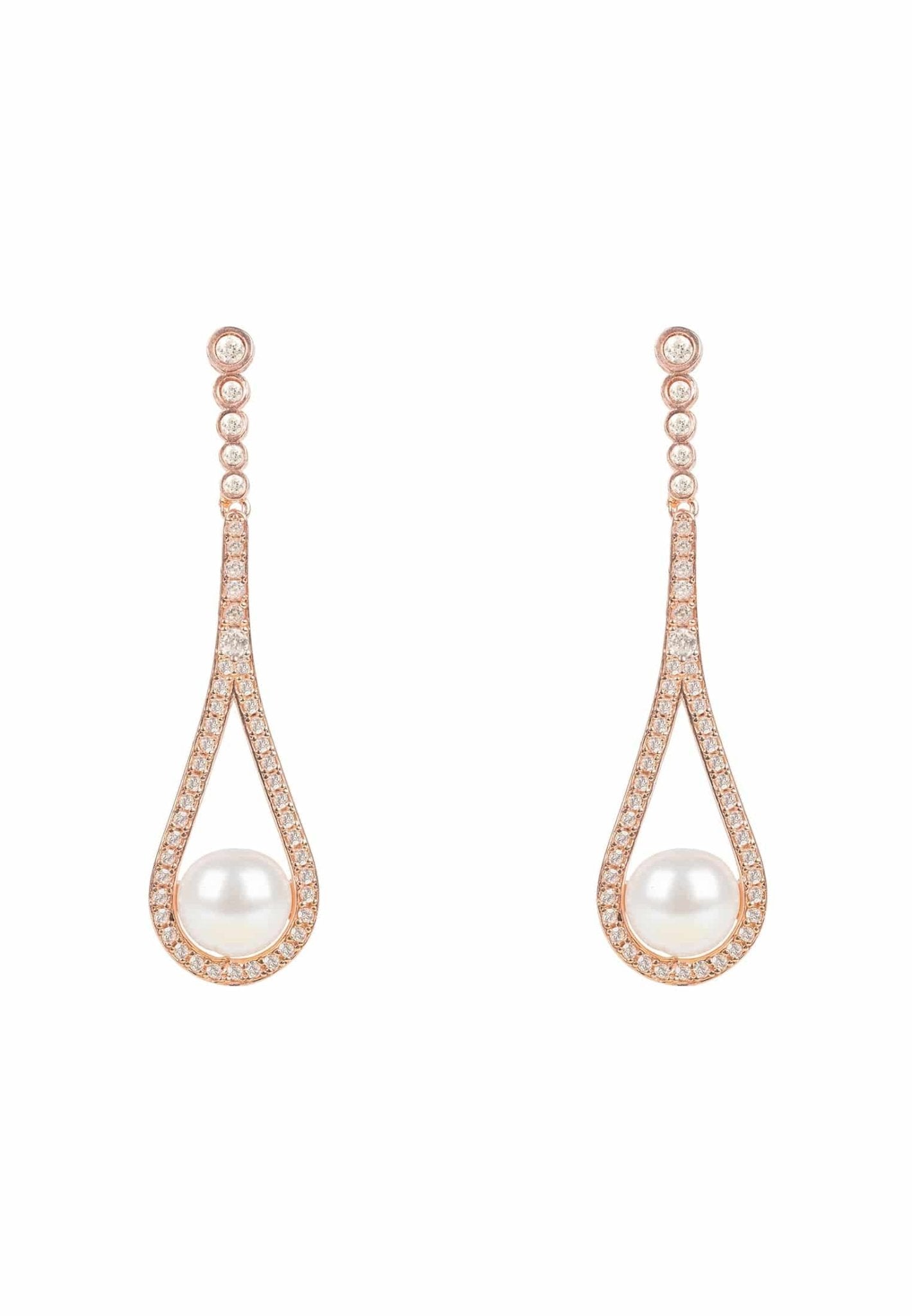 Elegant Cradled Pearl Drop Earrings in Rosegold featuring Majorica pearls and zirconia accents, showcasing a long drop design.