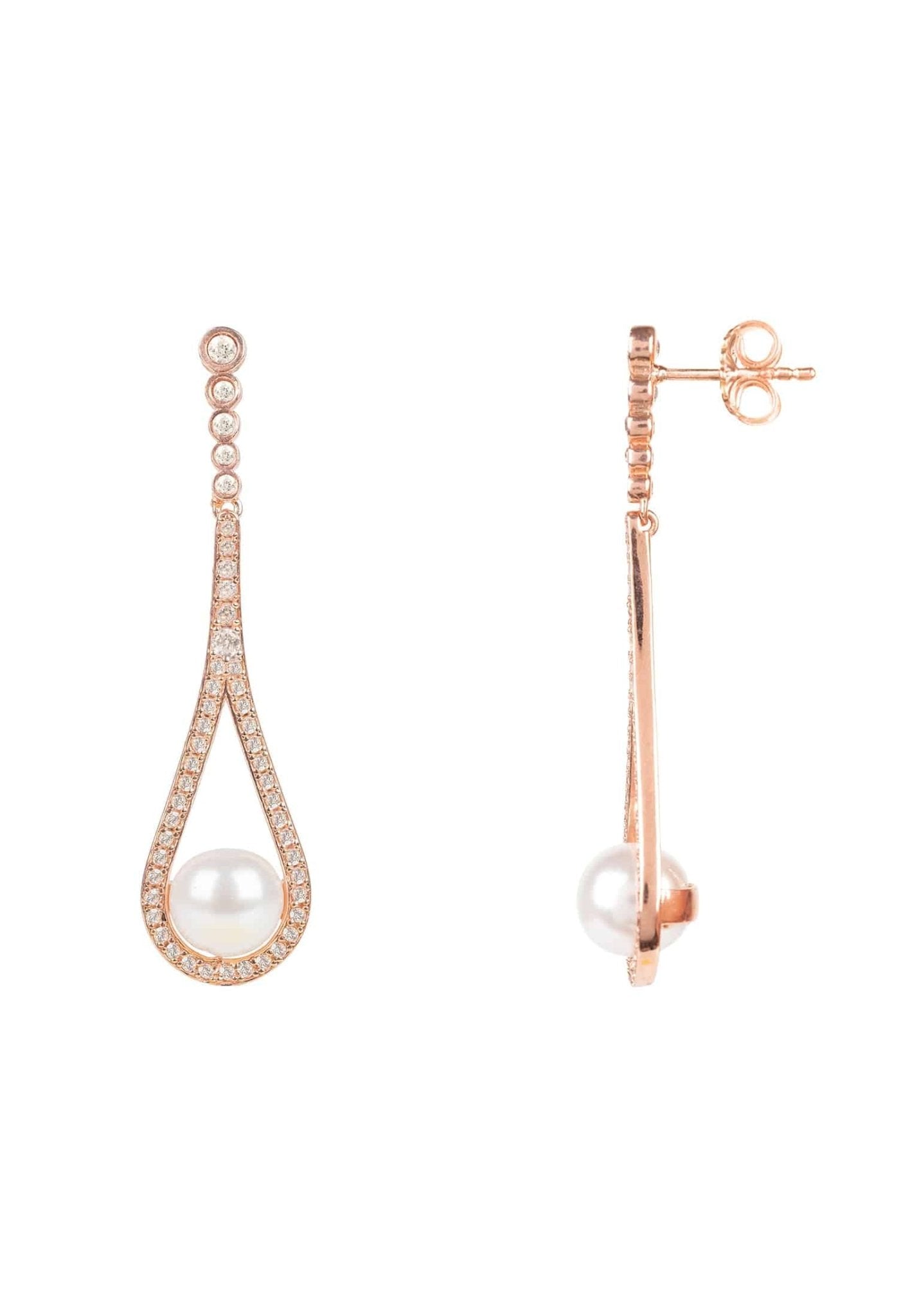 Elegant Cradled Pearl Drop Earrings in Rosegold featuring Majorica pearls and zirconia accents, showcasing a long drop design.