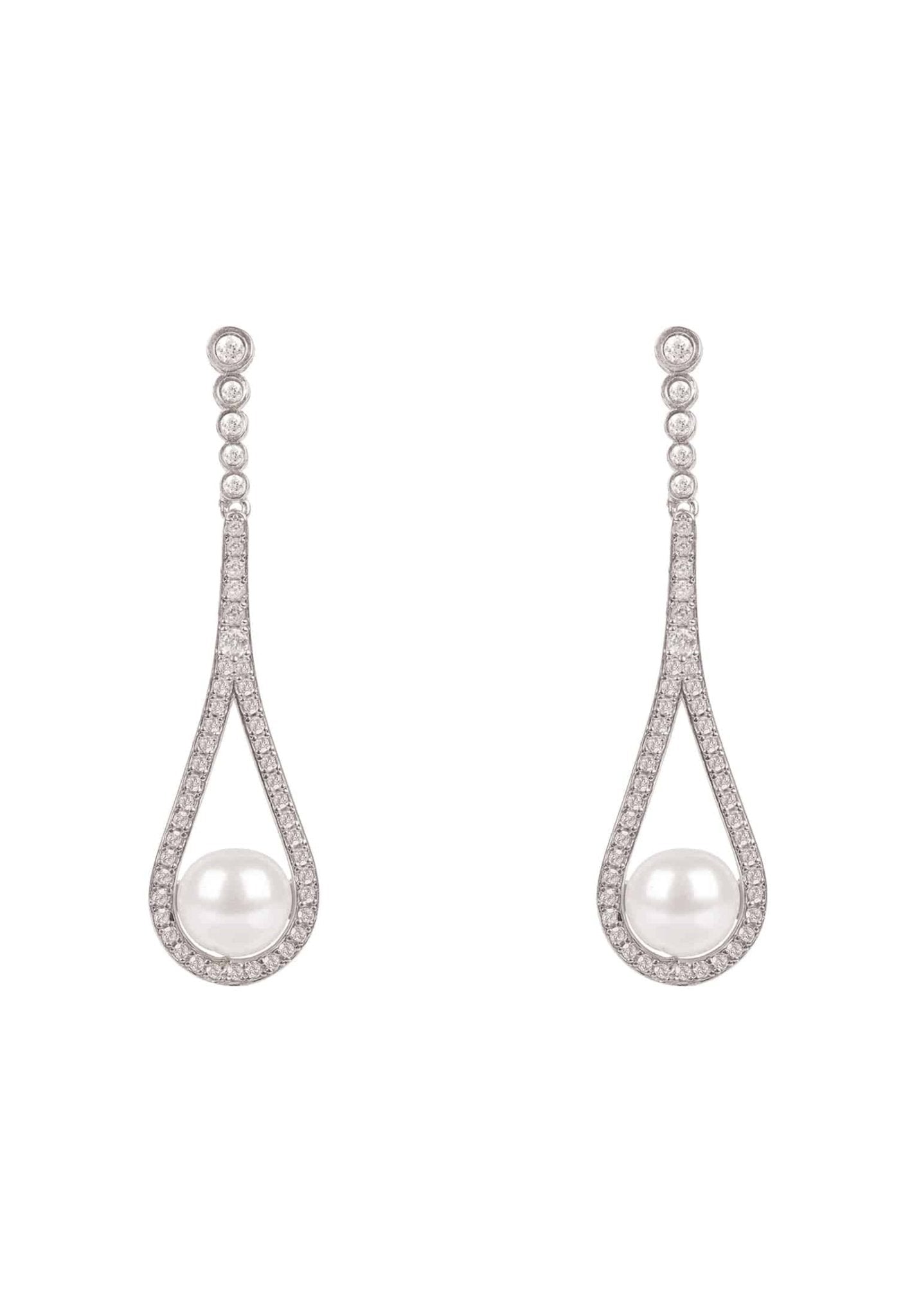 Elegant silver drop earrings featuring cradled Majorica pearls and sparkling zirconia stones, perfect for special occasions.