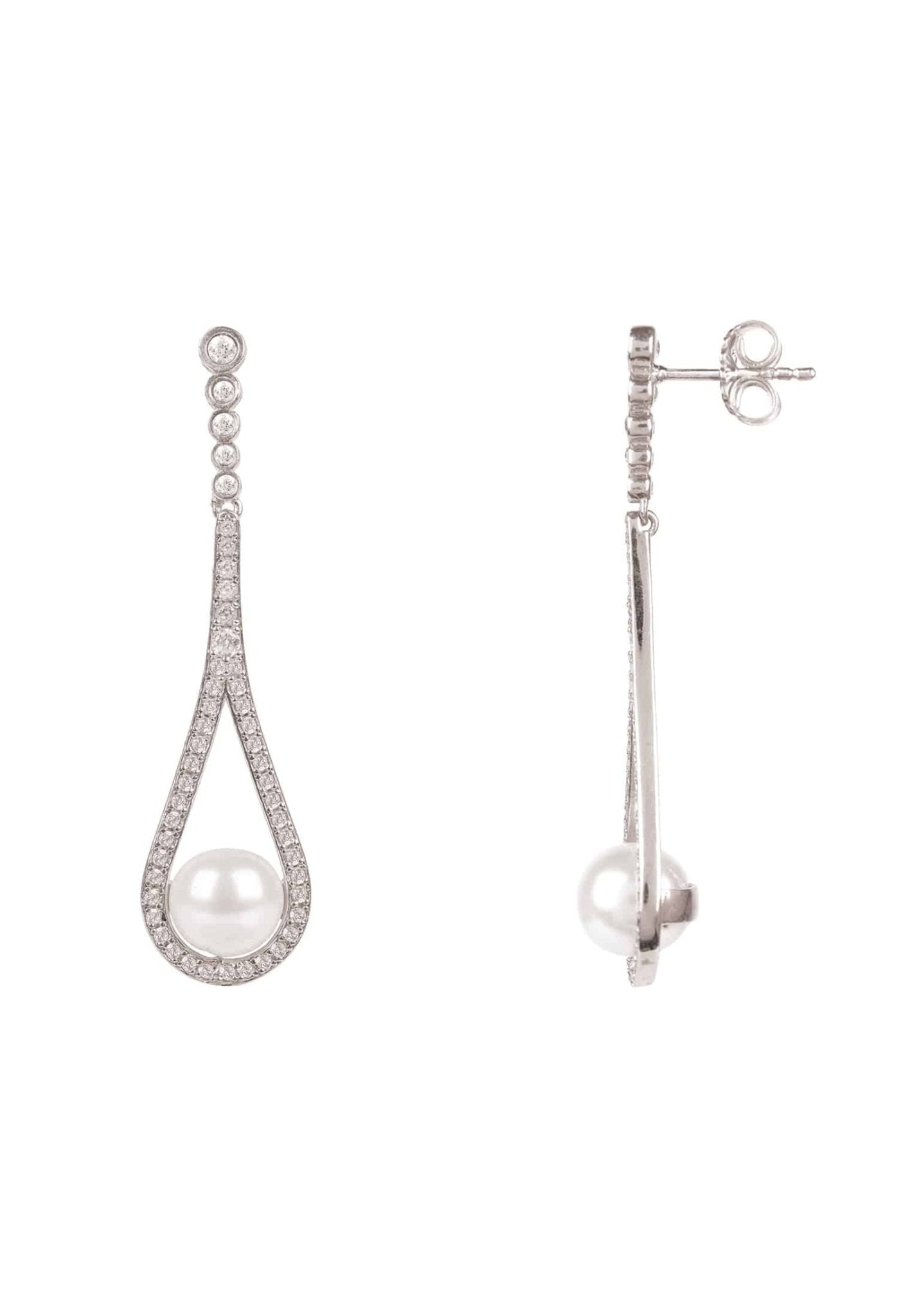 Elegant silver drop earrings featuring cradled Majorica pearls and sparkling zirconia stones, perfect for special occasions.