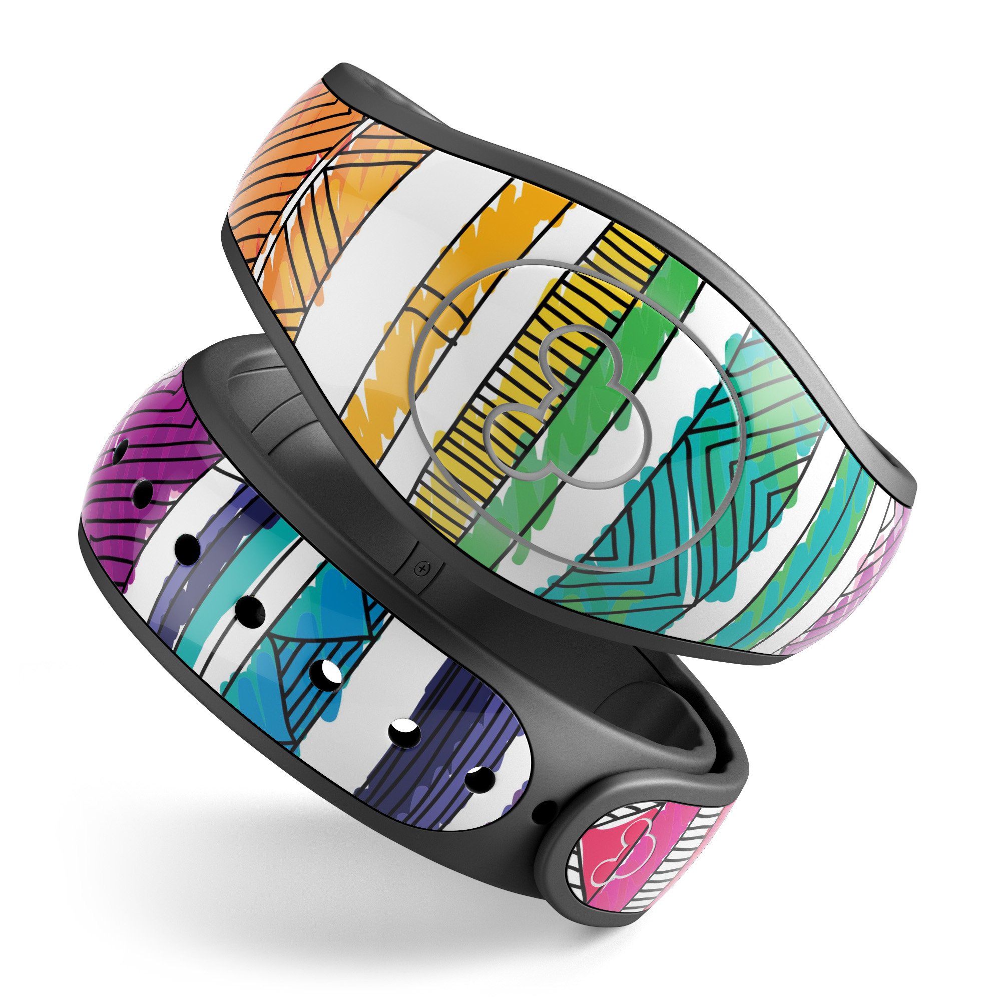 Colorful crayon doodle patterned skin wrap for Disney Magic Band, showcasing vibrant designs and high-quality finish.