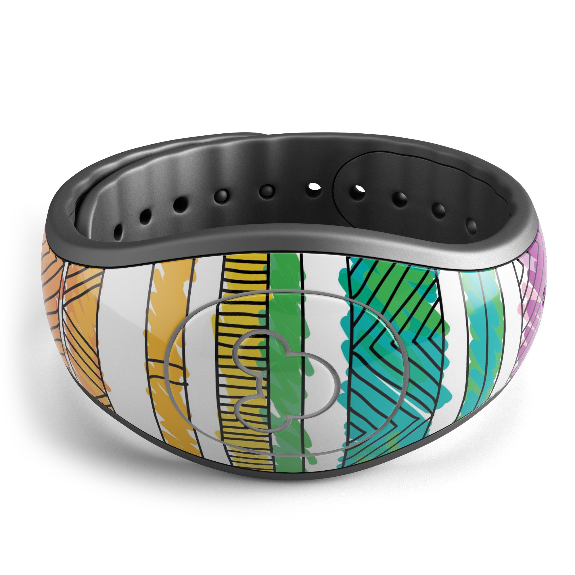 Colorful crayon doodle patterned skin wrap for Disney Magic Band, showcasing vibrant designs and high-quality finish.