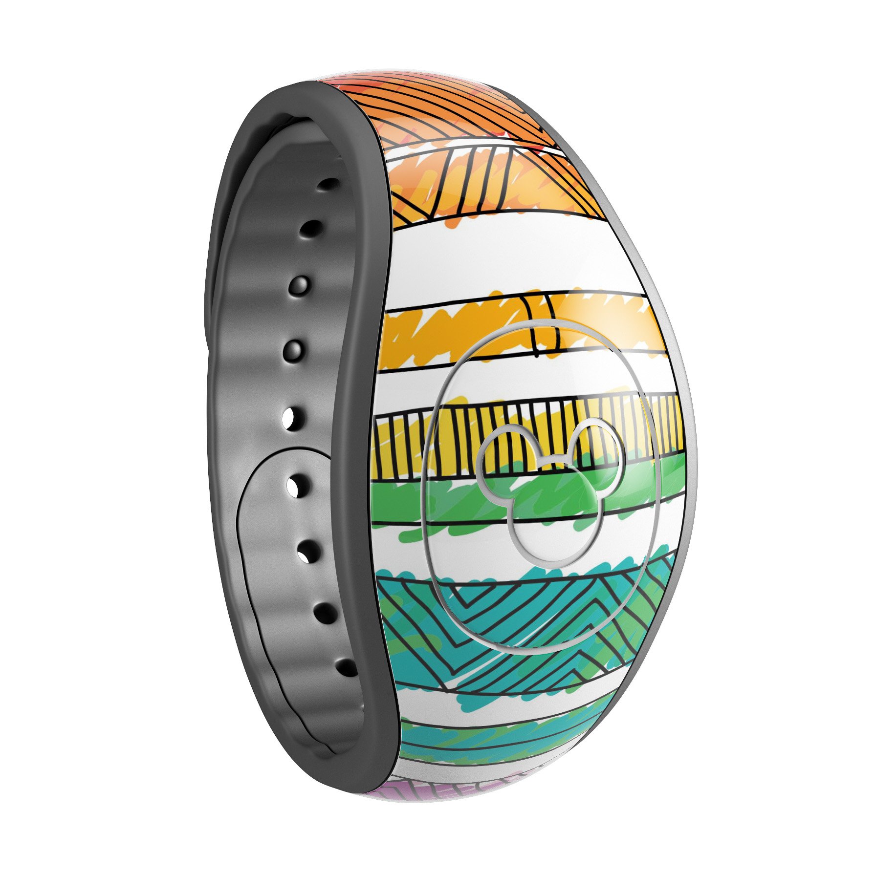 Colorful crayon doodle patterned skin wrap for Disney Magic Band, showcasing vibrant designs and high-quality finish.