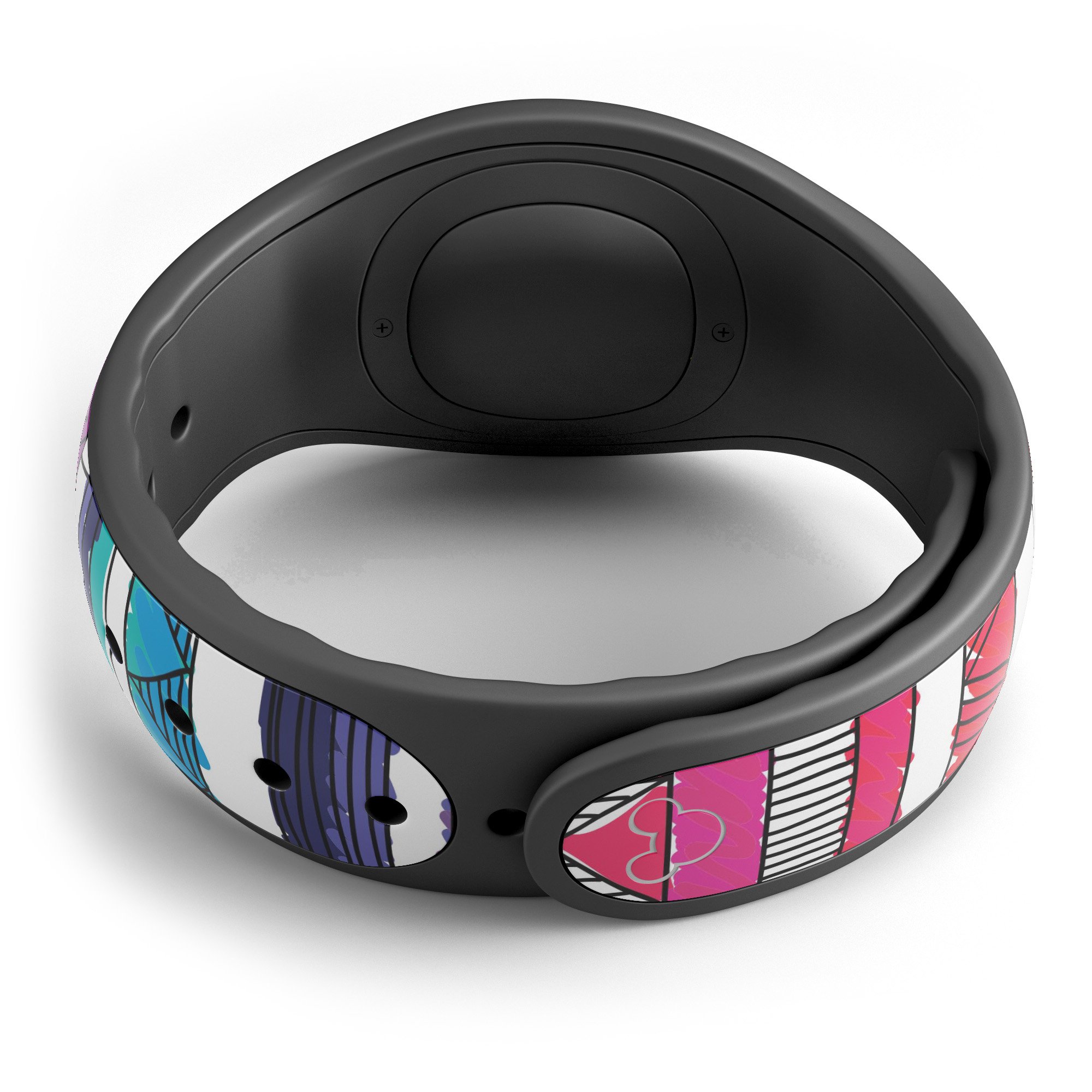 Colorful crayon doodle patterned skin wrap for Disney Magic Band, showcasing vibrant designs and high-quality finish.