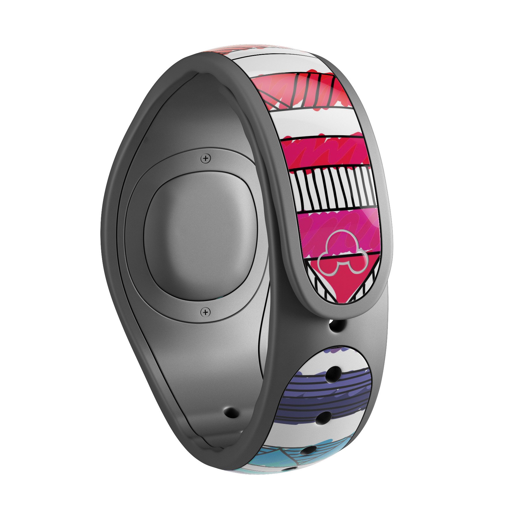 Colorful crayon doodle patterned skin wrap for Disney Magic Band, showcasing vibrant designs and high-quality finish.