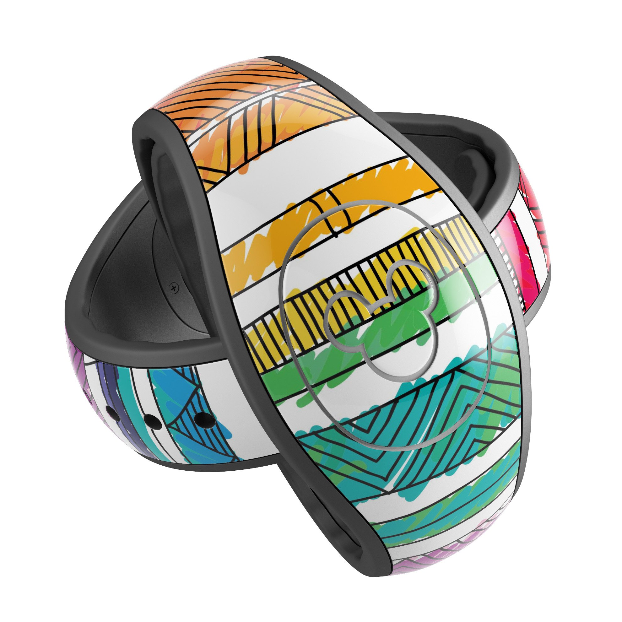 Colorful crayon doodle patterned skin wrap for Disney Magic Band, showcasing vibrant designs and high-quality finish.