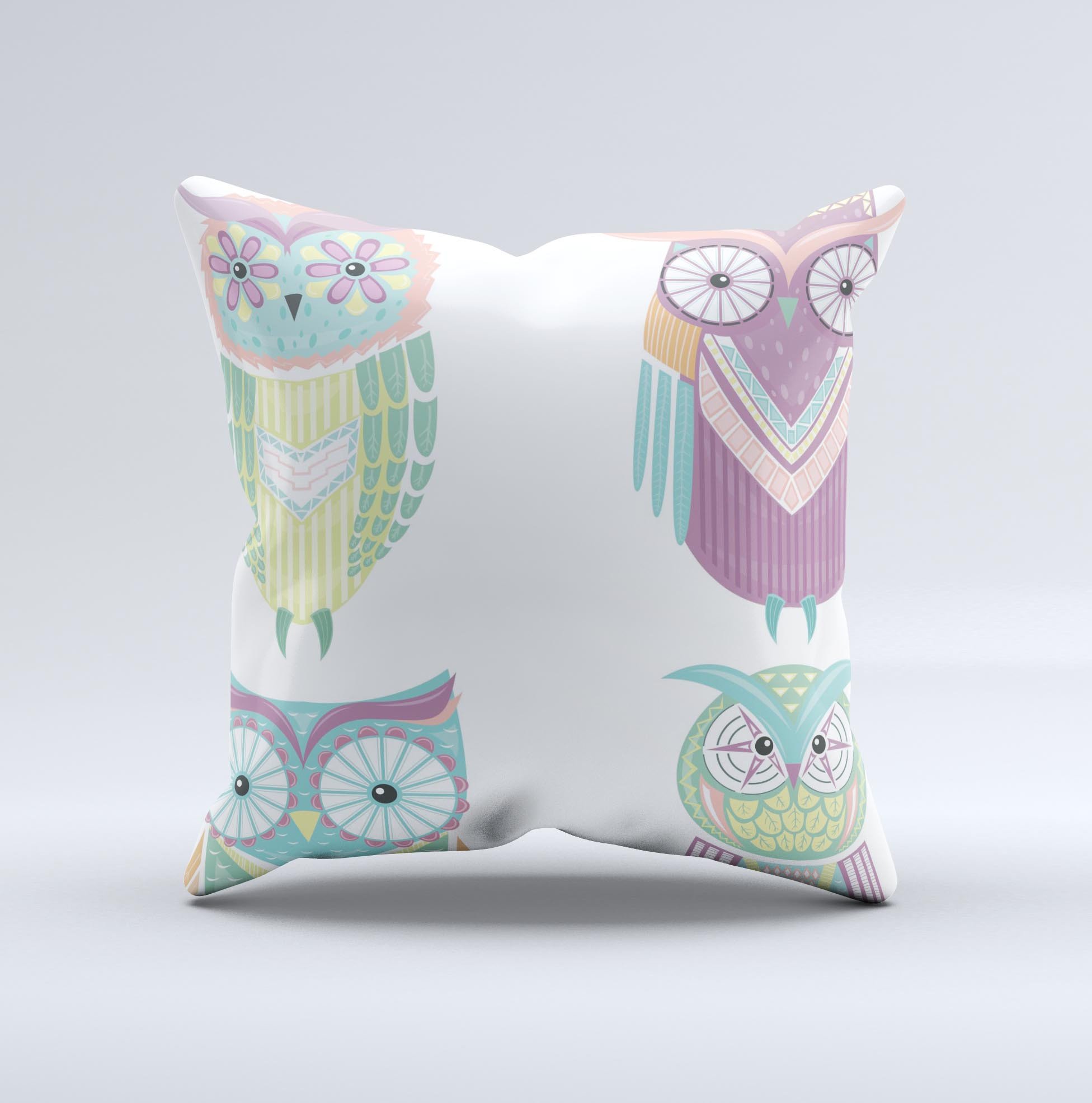 A colorful decorative throw pillow featuring whimsical cartoon owls, handcrafted in Virginia with high-quality materials.