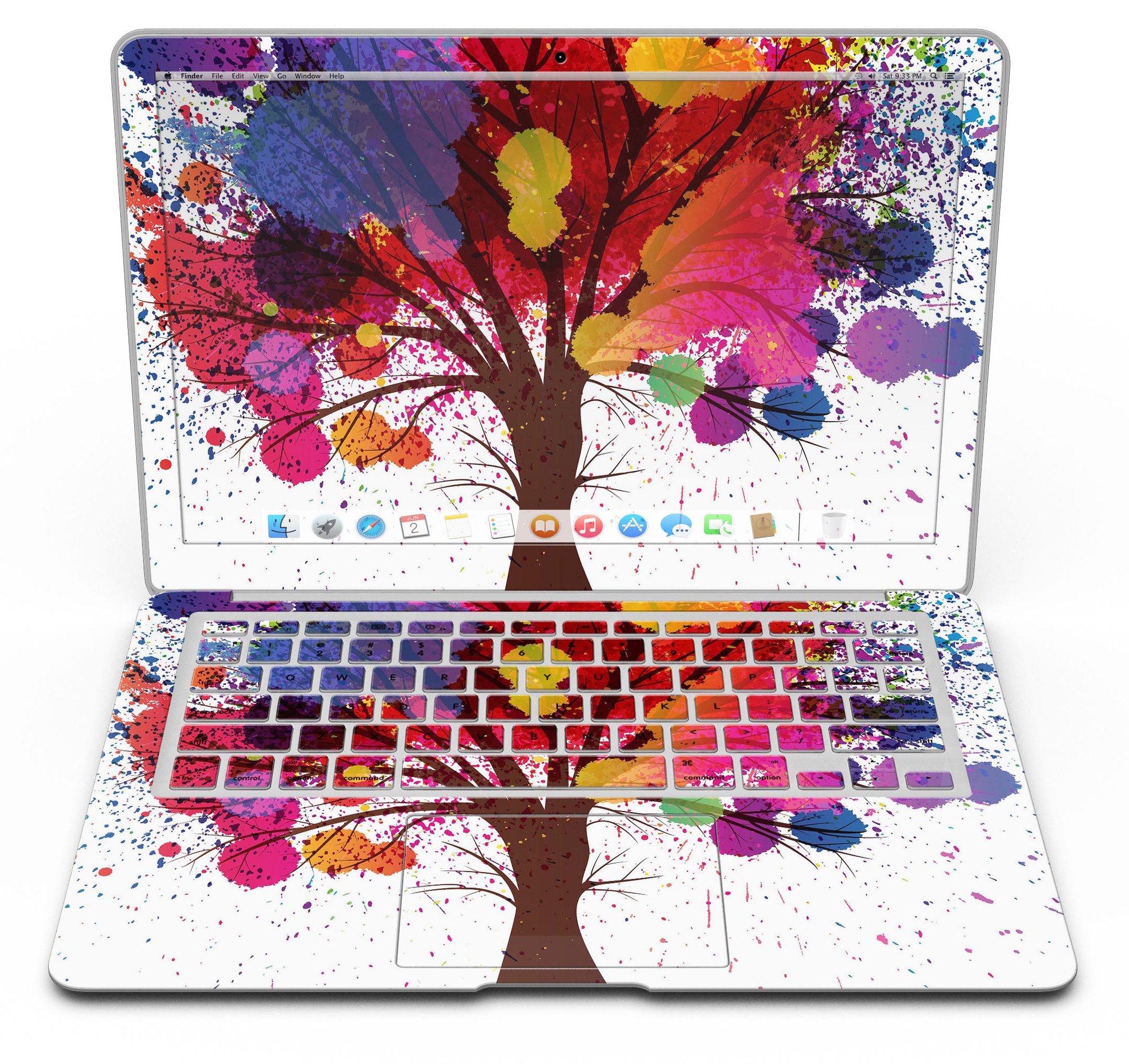 Crazy Splatter Tree MacBook Air Skin Kit showcasing vibrant splatter design on premium vinyl.