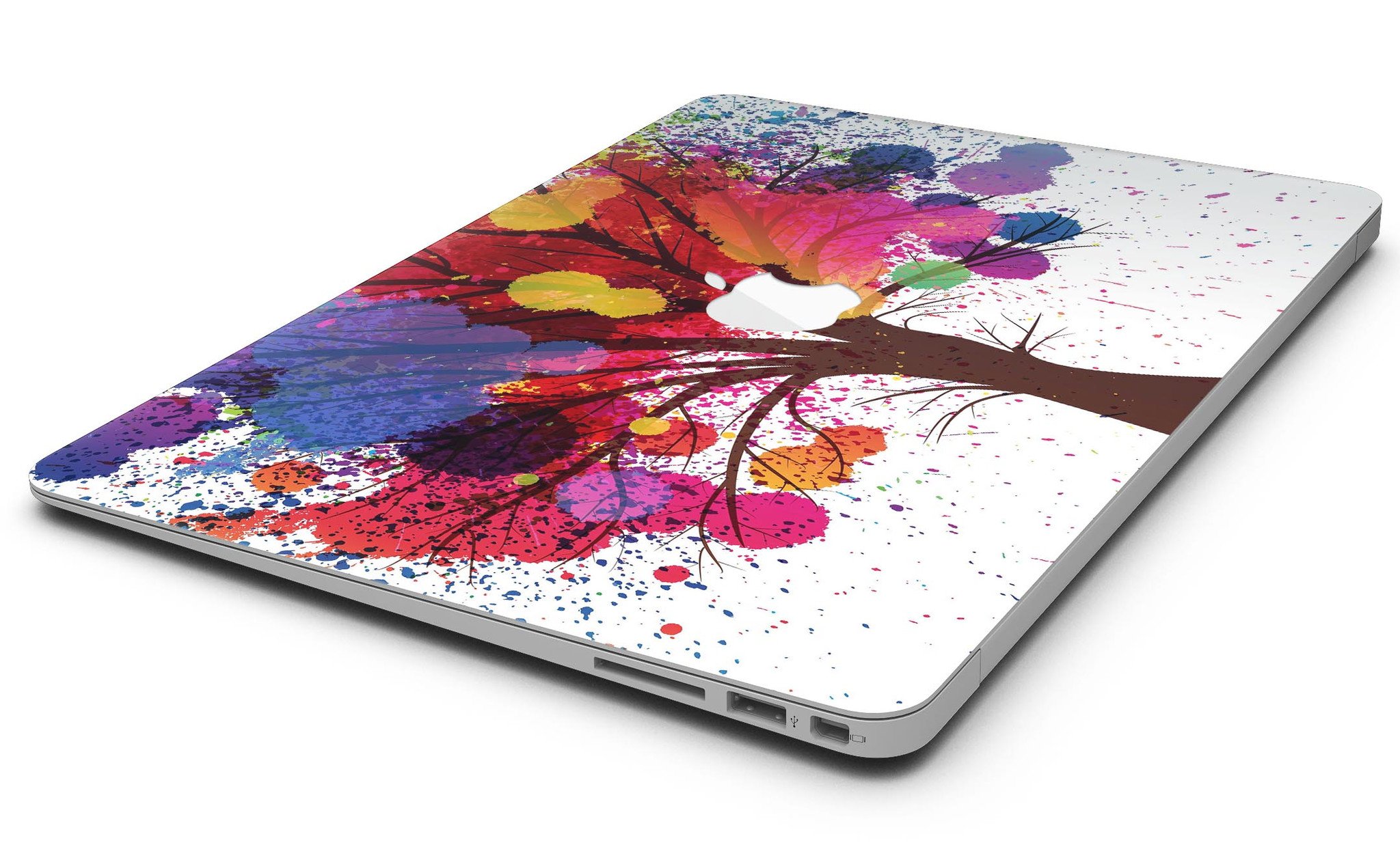 Crazy Splatter Tree MacBook Air Skin Kit showcasing vibrant splatter design on premium vinyl.