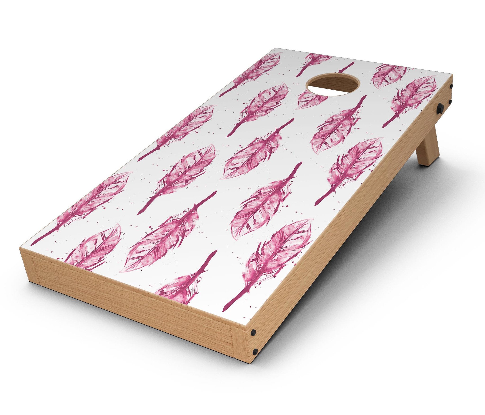 Crimson Feather Pattern CornHole Board Skin Decal Kit showcasing vibrant feather design on a Cornhole board.