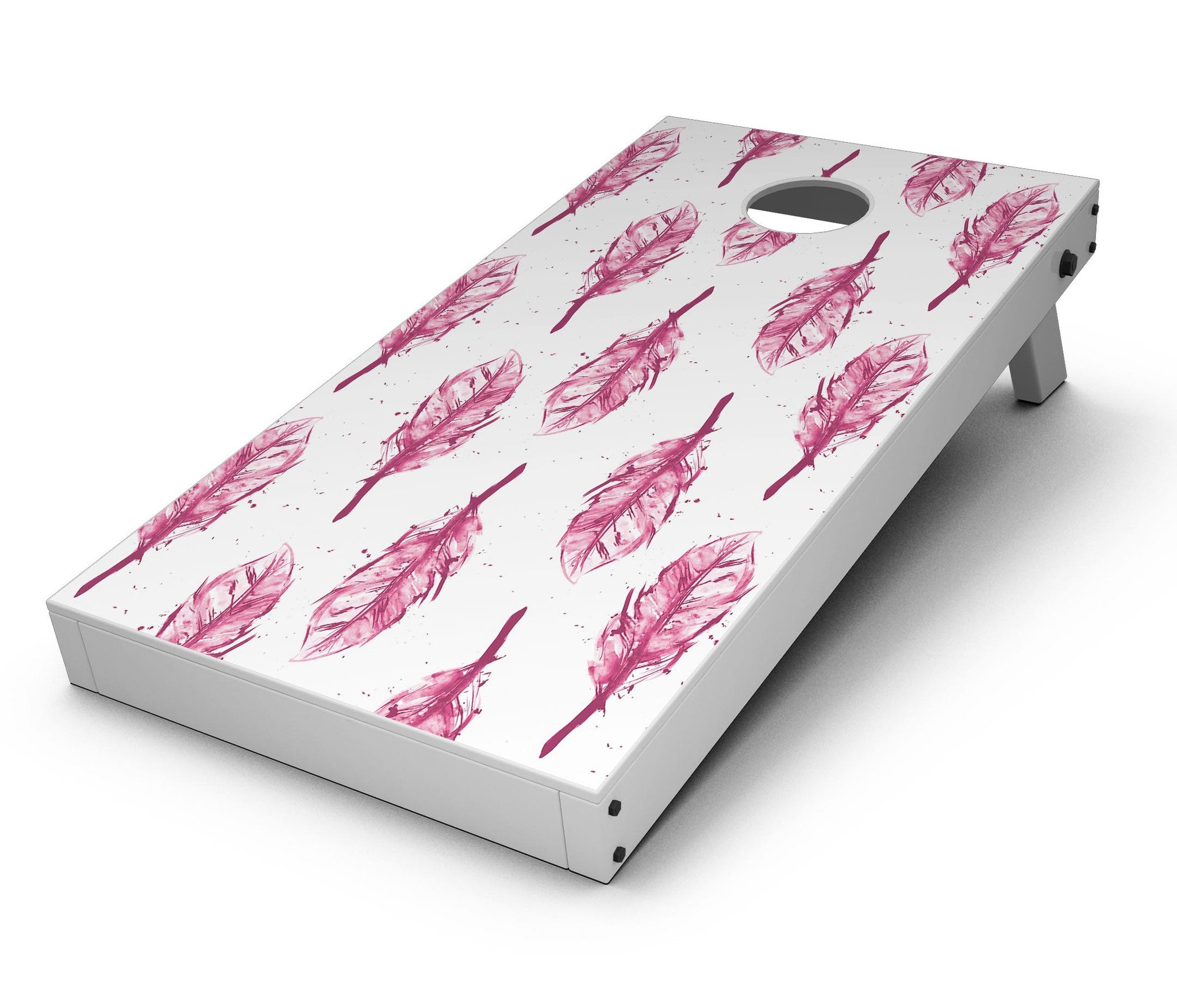 Crimson Feather Pattern CornHole Board Skin Decal Kit showcasing vibrant feather design on a Cornhole board.