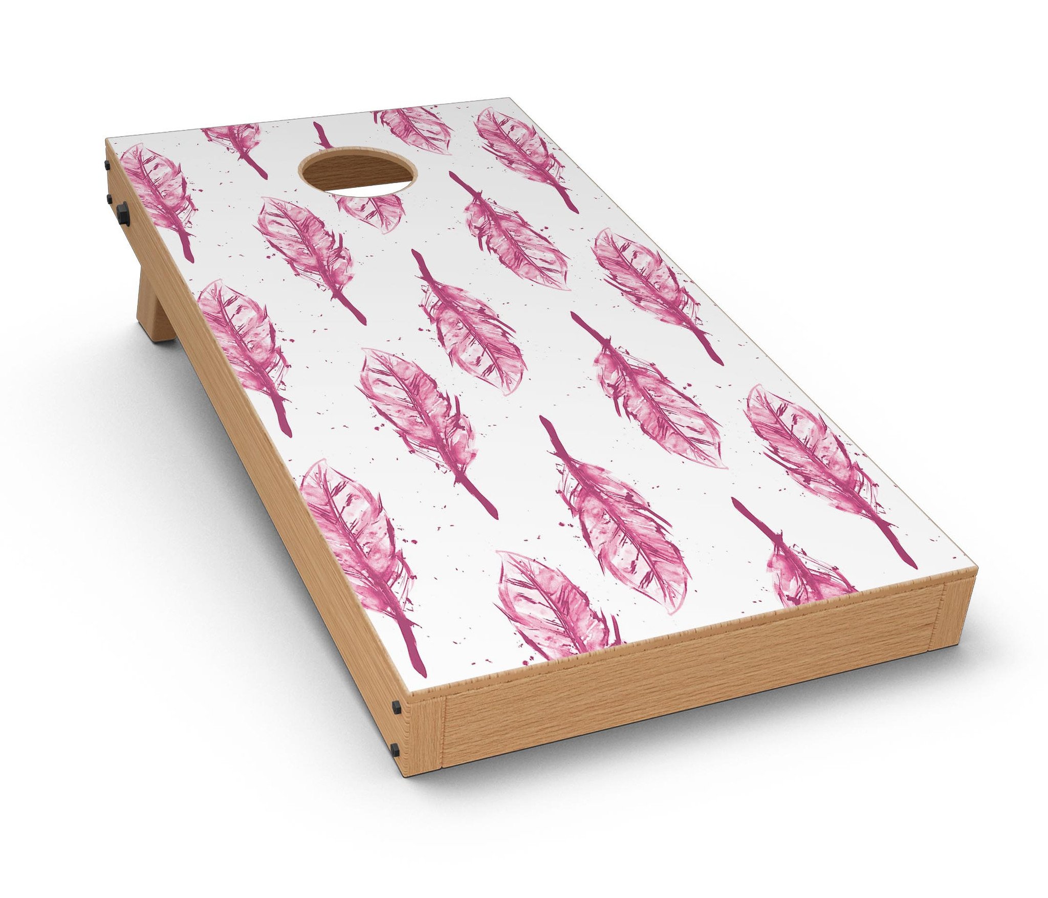 Crimson Feather Pattern CornHole Board Skin Decal Kit showcasing vibrant feather design on a Cornhole board.