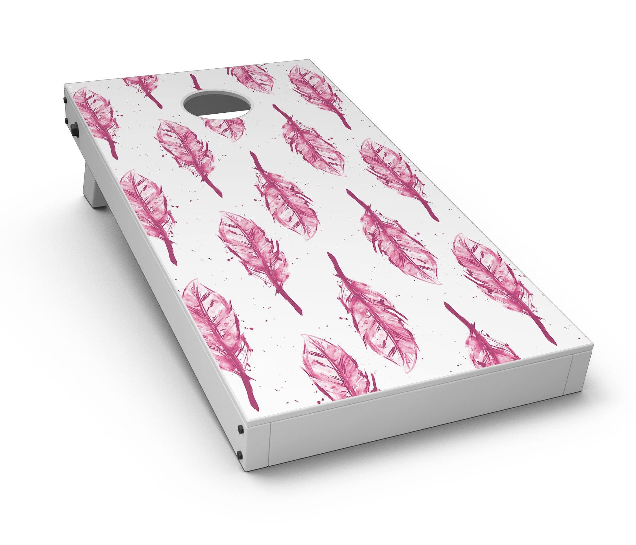 Crimson Feather Pattern CornHole Board Skin Decal Kit showcasing vibrant feather design on a Cornhole board.