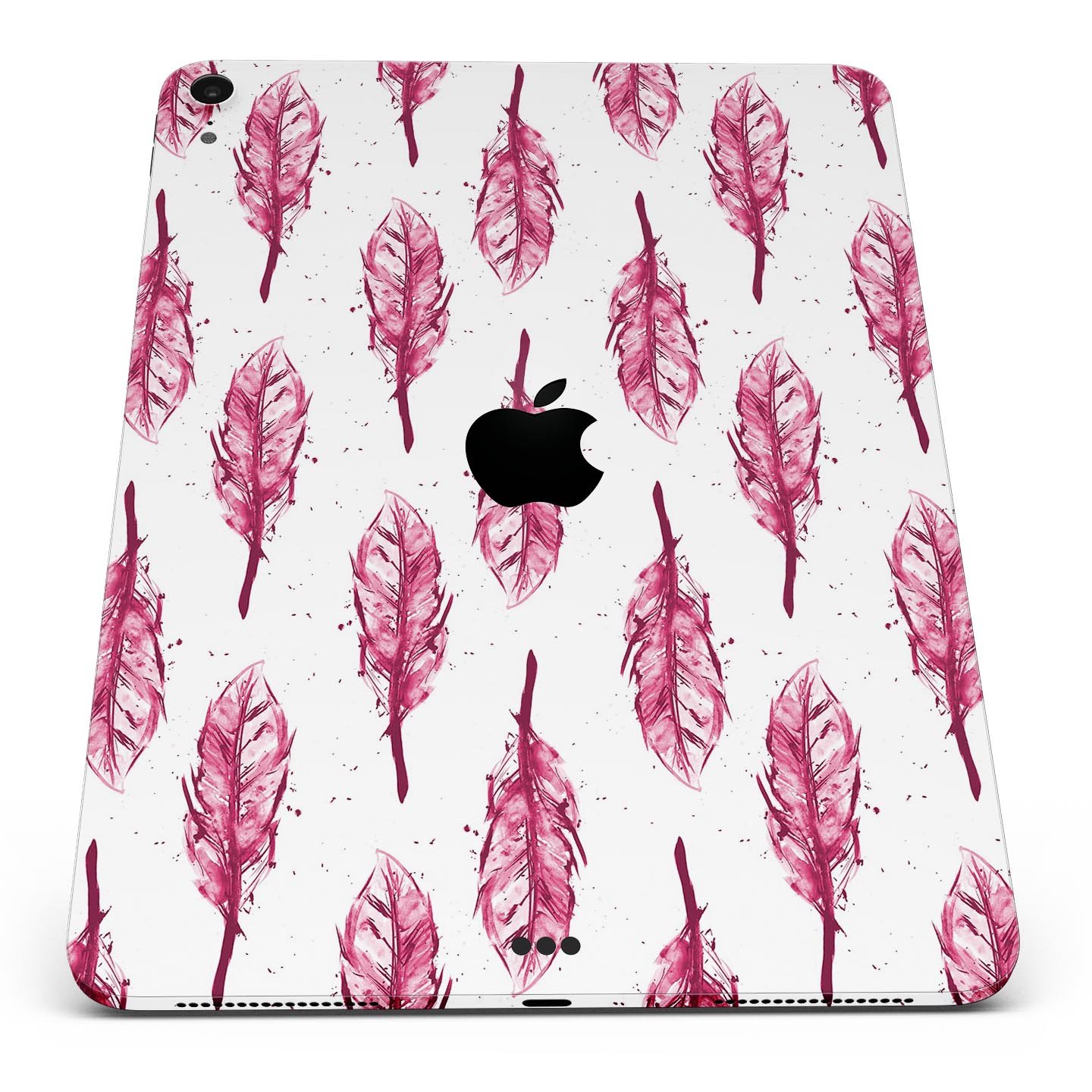 Crimson Feather Pattern skin decal for Apple iPad Pro, showcasing vibrant colors and intricate feather design.