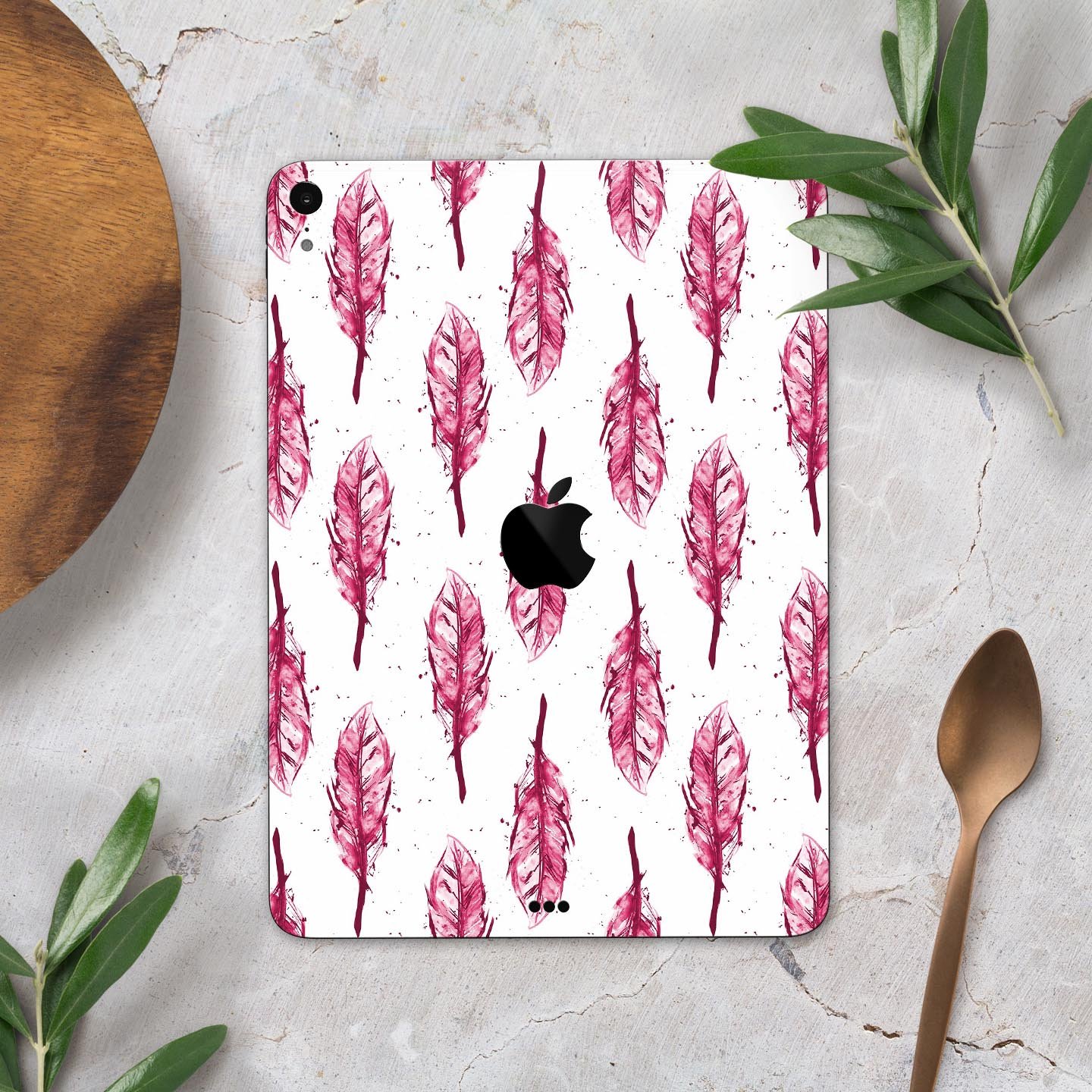 Crimson Feather Pattern skin decal for Apple iPad Pro, showcasing vibrant colors and intricate feather design.