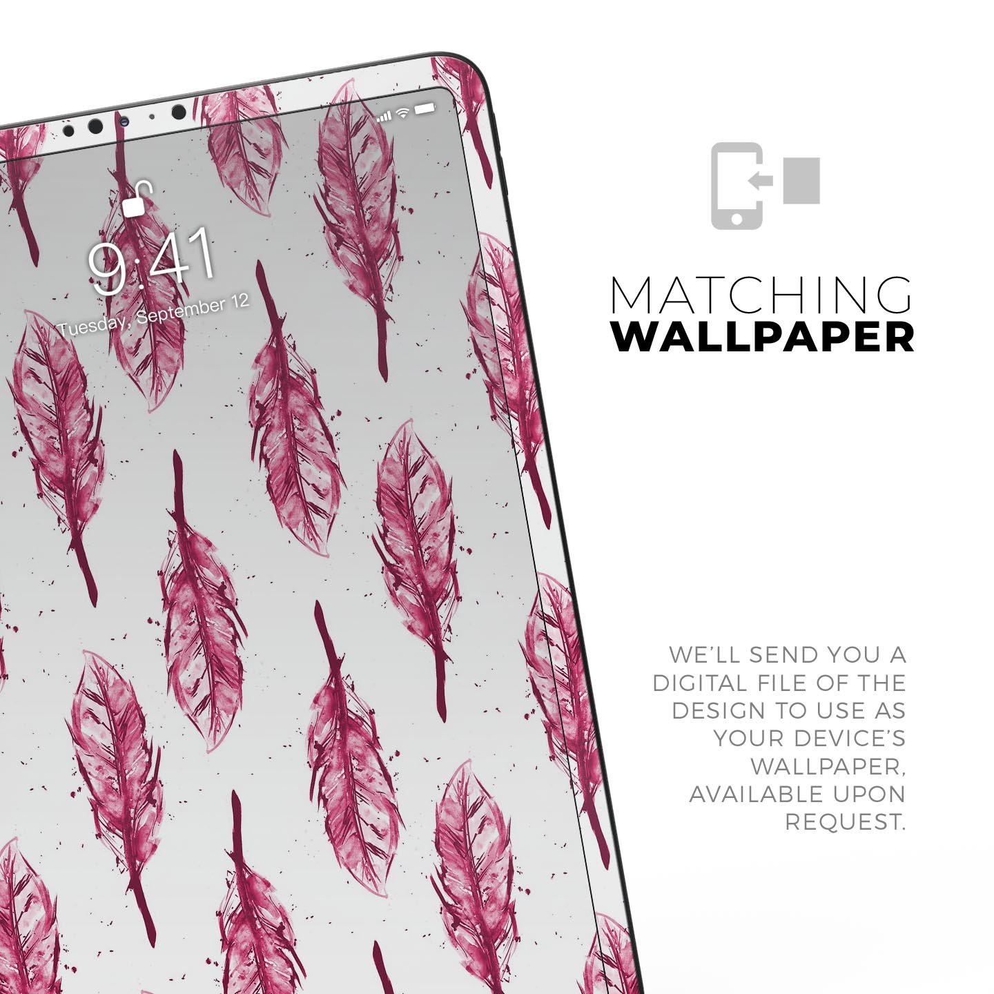 Crimson Feather Pattern skin decal for Apple iPad Pro, showcasing vibrant colors and intricate feather design.