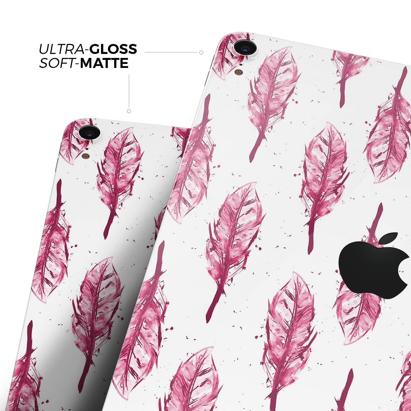 Crimson Feather Pattern skin decal for Apple iPad Pro, showcasing vibrant colors and intricate feather design.