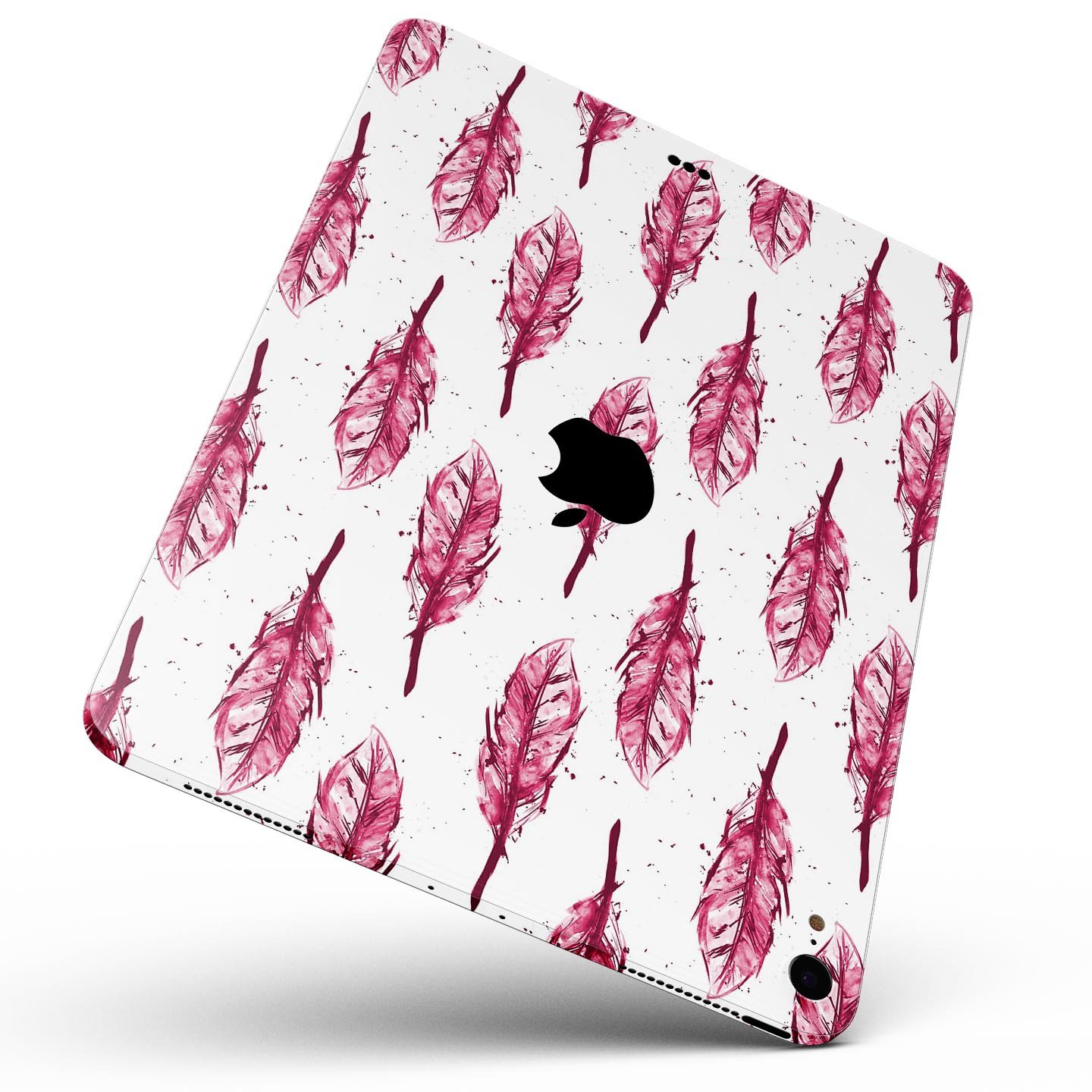 Crimson Feather Pattern skin decal for Apple iPad Pro, showcasing vibrant colors and intricate feather design.