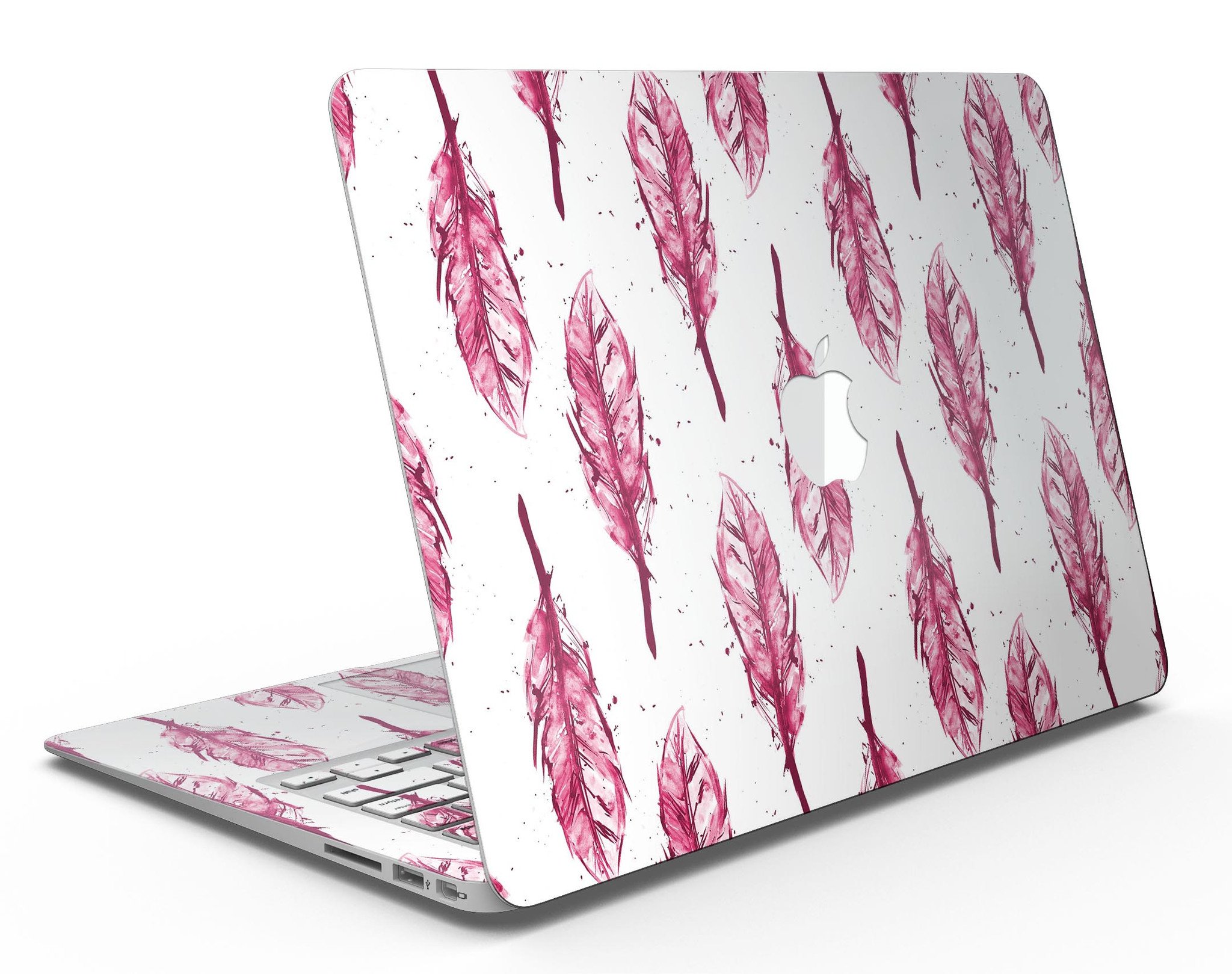 Crimson Feather Pattern MacBook Air Skin Kit showcasing vibrant design and premium vinyl material.